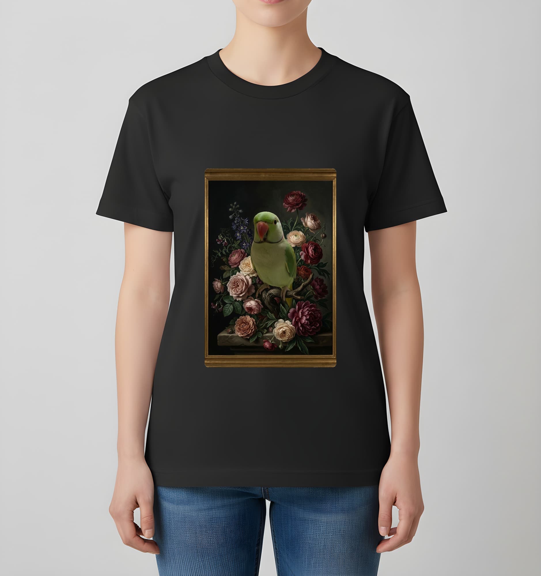 インドオオハナインコの花の油絵風アート花柄Tシャツ(ホワイト) 4