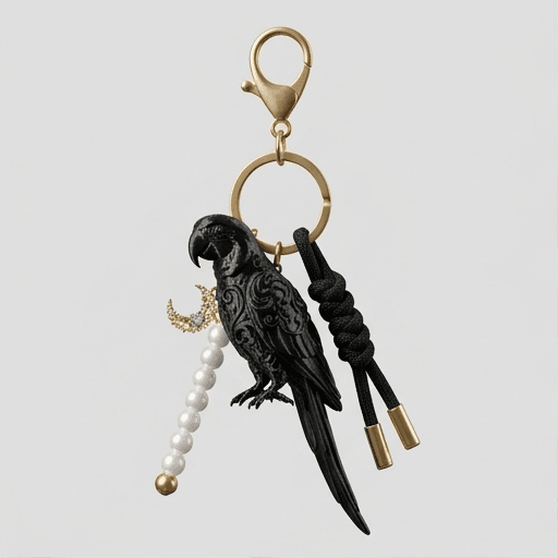 ルリコンゴウインコのルネサンス肖像画キーホルダー(シルクブラック)