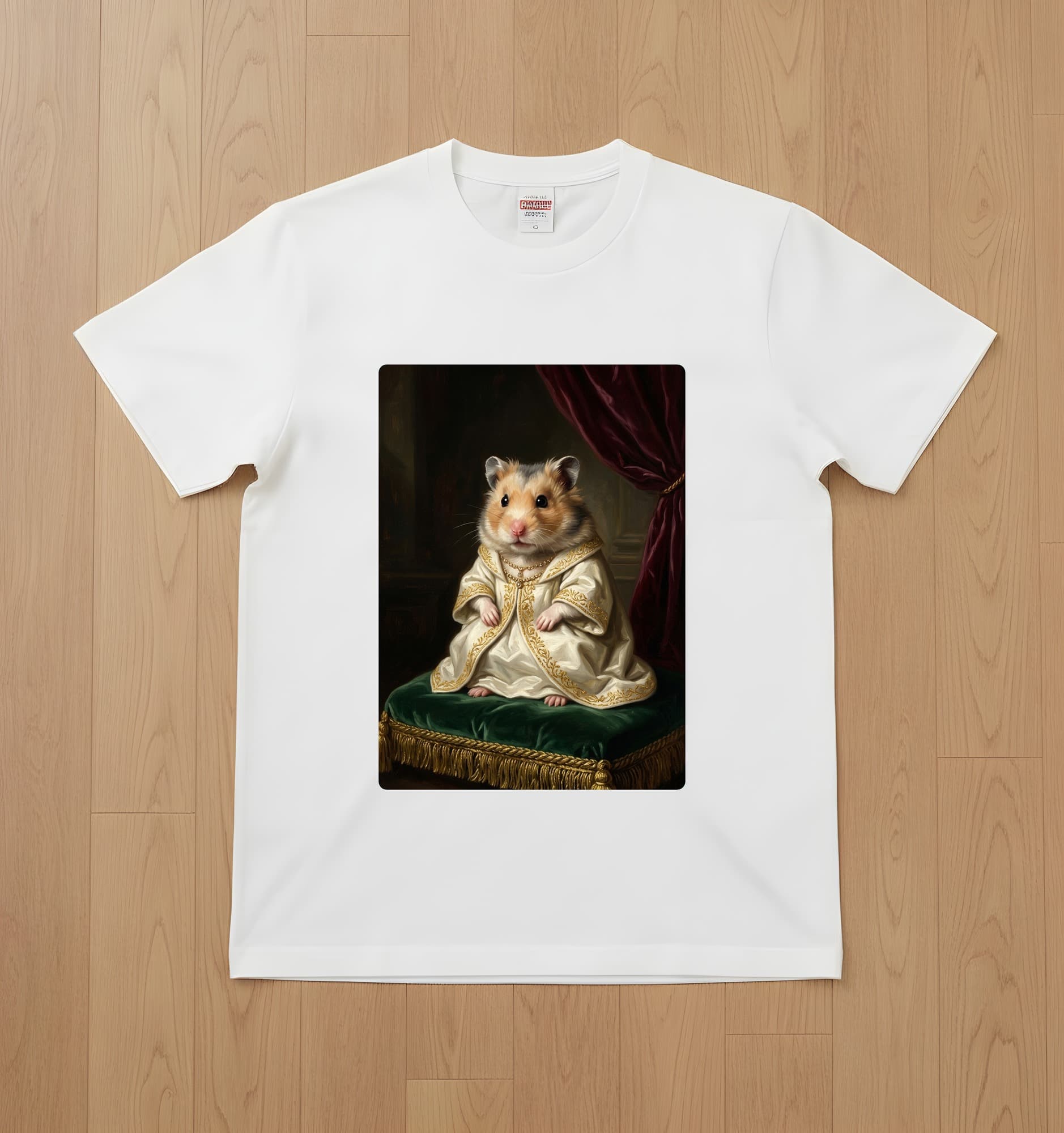 テディベアハムスターのルネサンス肖像画Tシャツ(ホワイト・カラープリント・額縁なし)