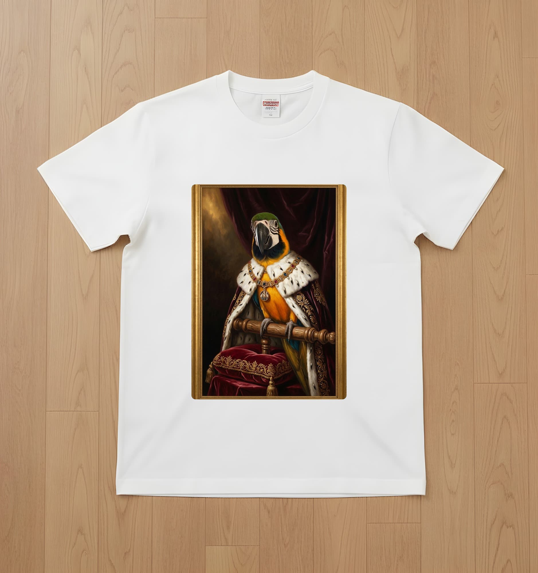 ルリコンゴウインコのルネサンス肖像画Tシャツ(ホワイト・カラープリント・額縁なし)