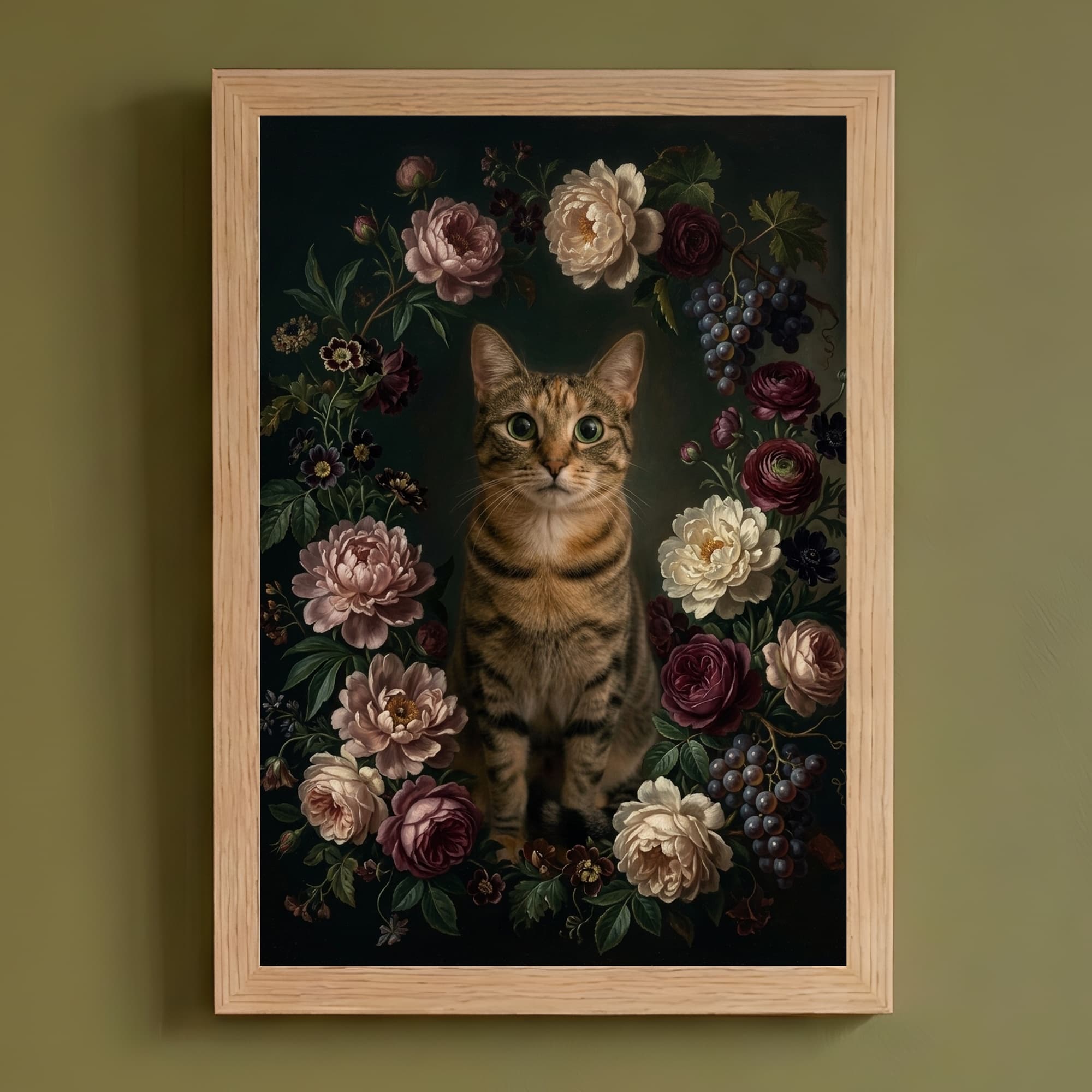猫の花の油絵風アート花柄額装プリント(A4サイズ)