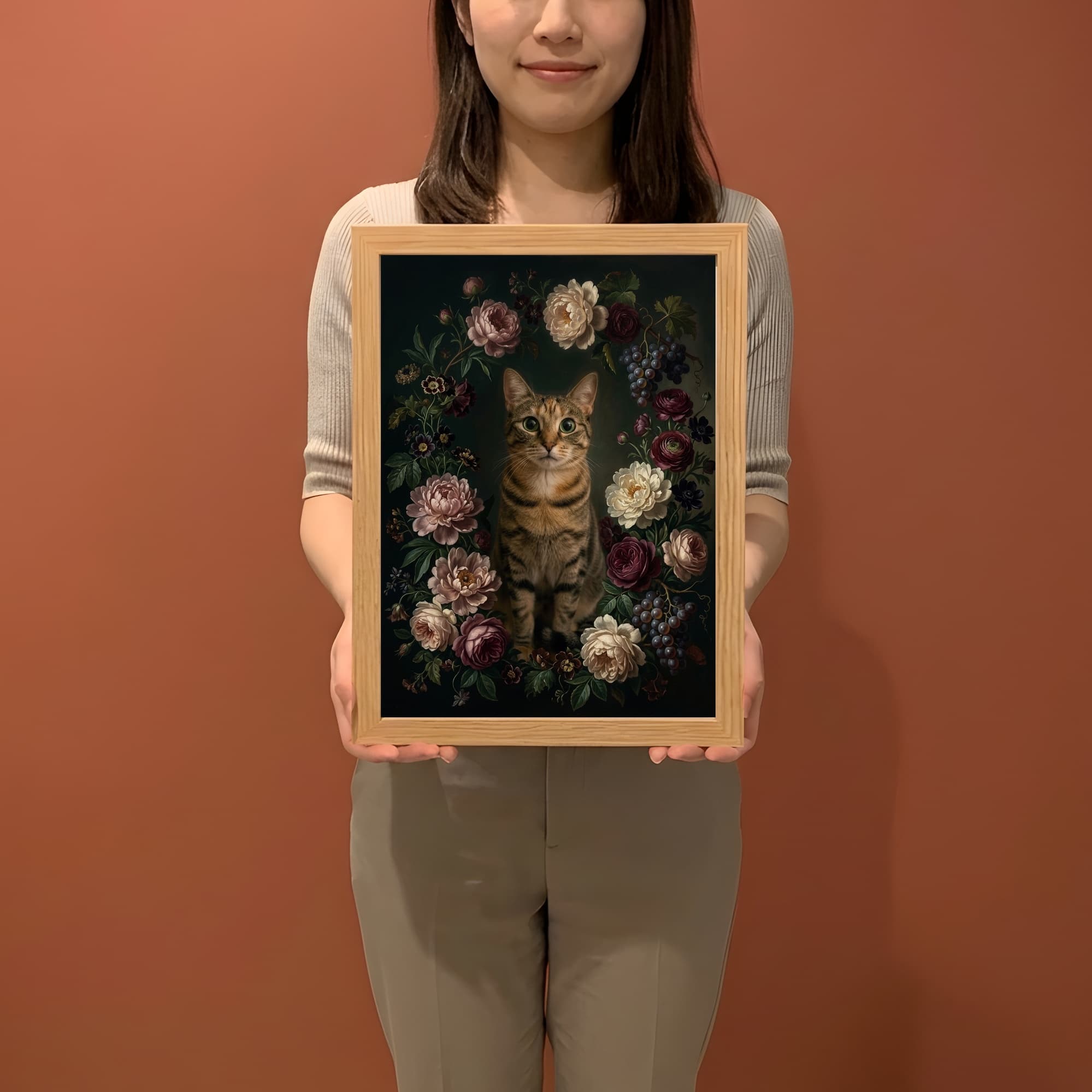 猫の花の油絵風アート花柄額装プリント(A3サイズ) 2