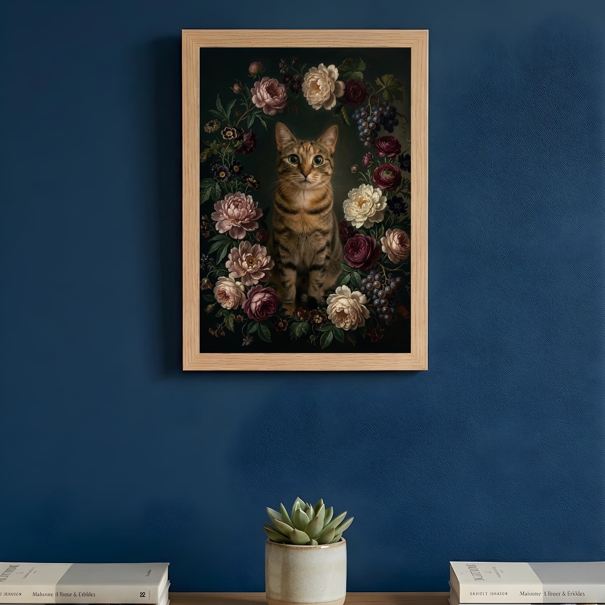 猫の花の油絵風アート花柄額装プリント(A3サイズ) 3