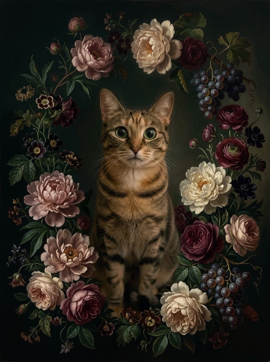 猫の花の油絵風アート花柄額装プリント(A3サイズ) 4