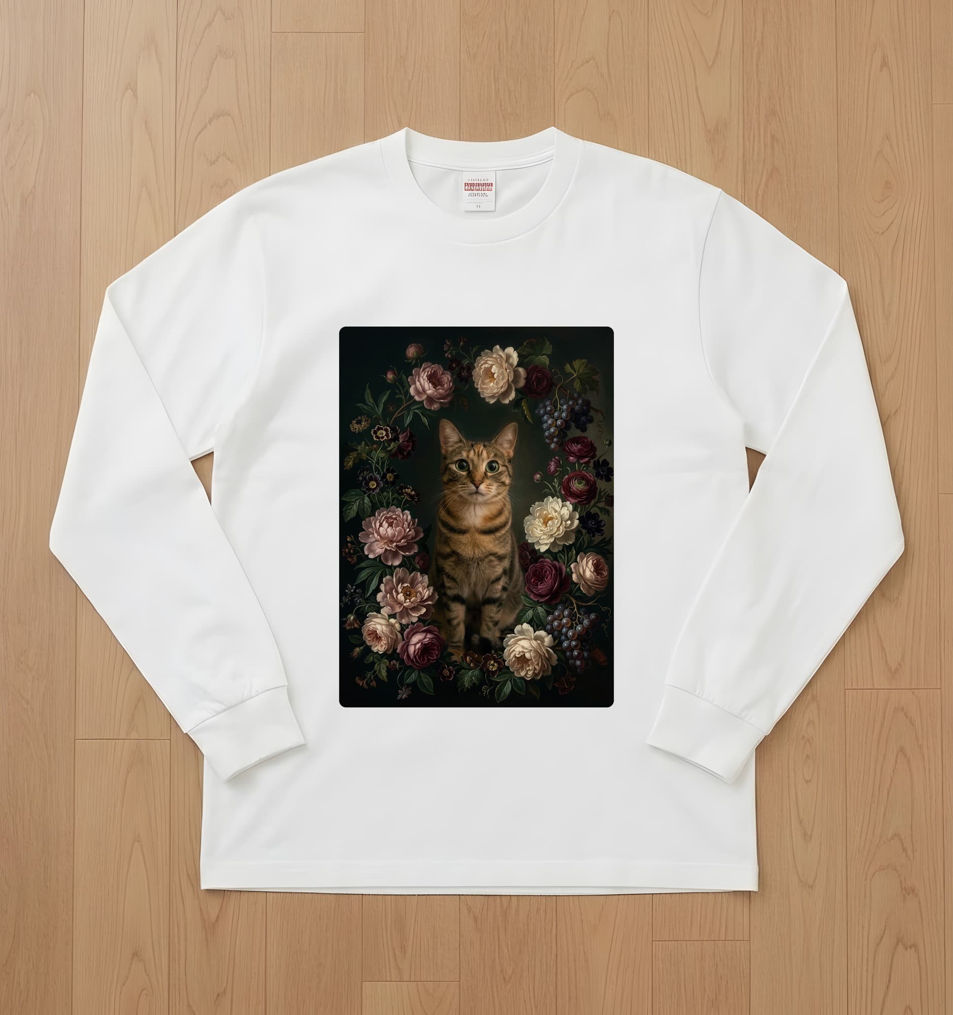 猫の花の油絵風アート花柄長袖Tシャツ(ホワイト)