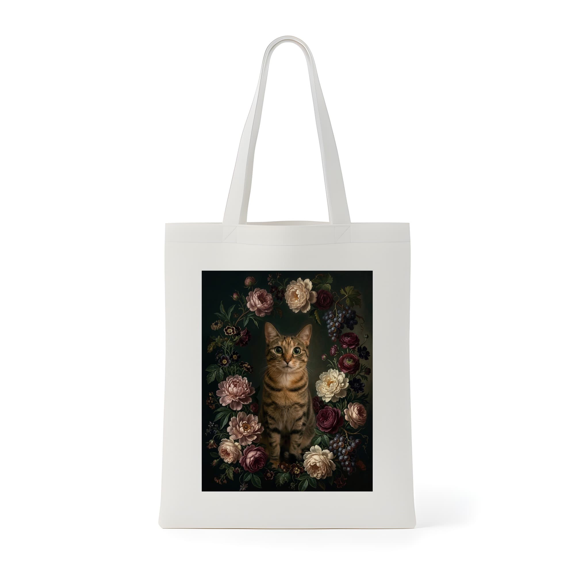 猫の花の油絵風アート花柄トートバッグ