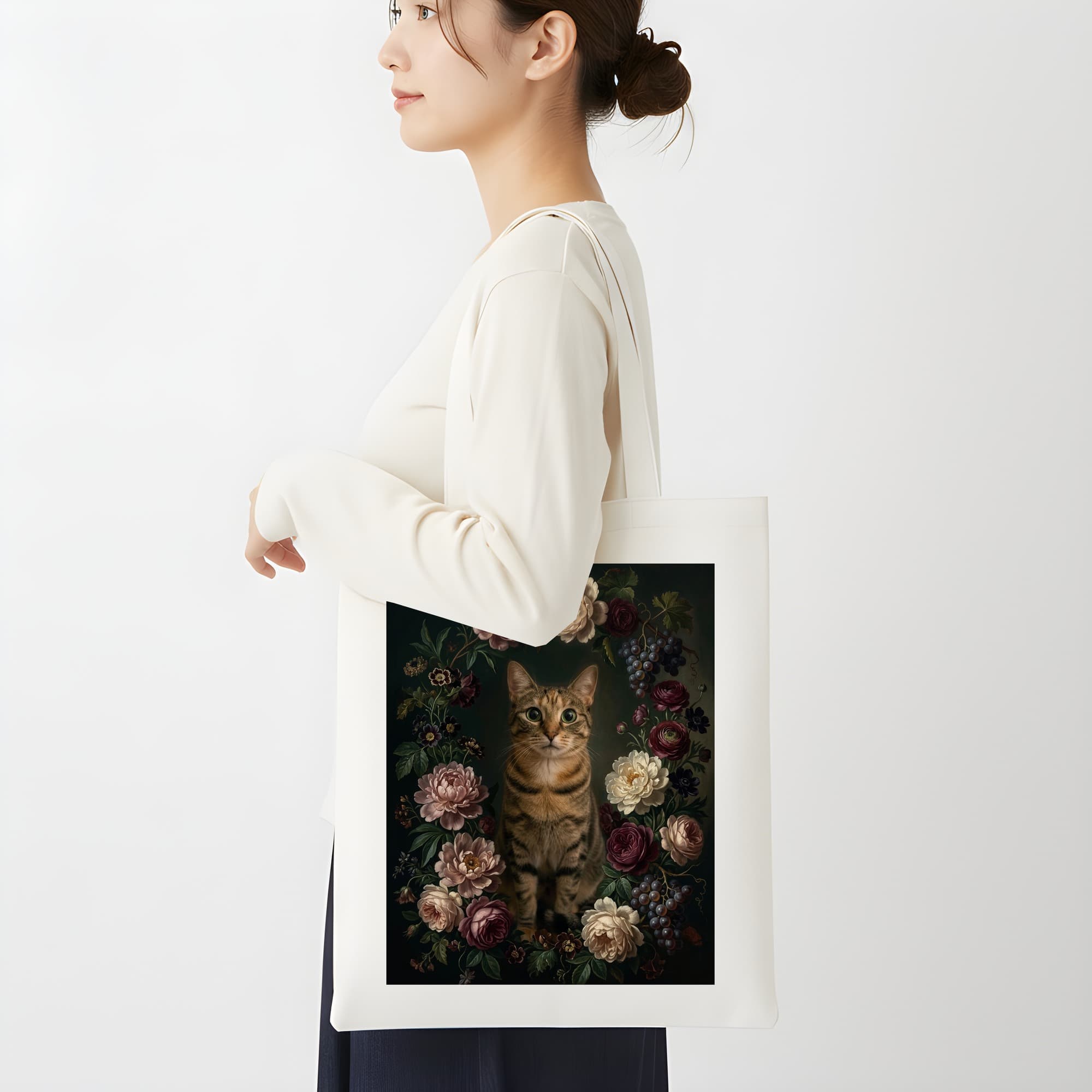 猫の花の油絵風アート花柄トートバッグ 2