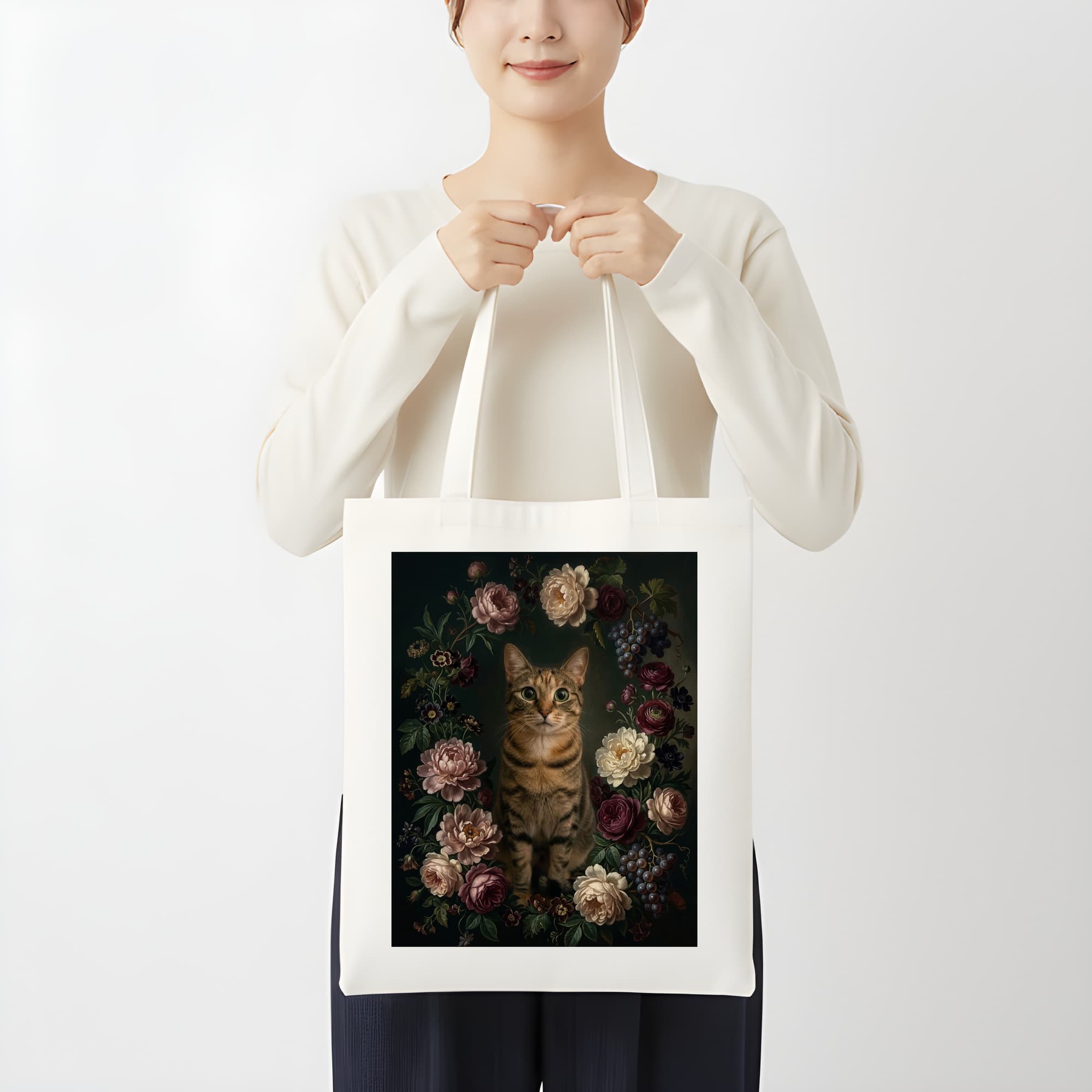 猫の花の油絵風アート花柄トートバッグ 3