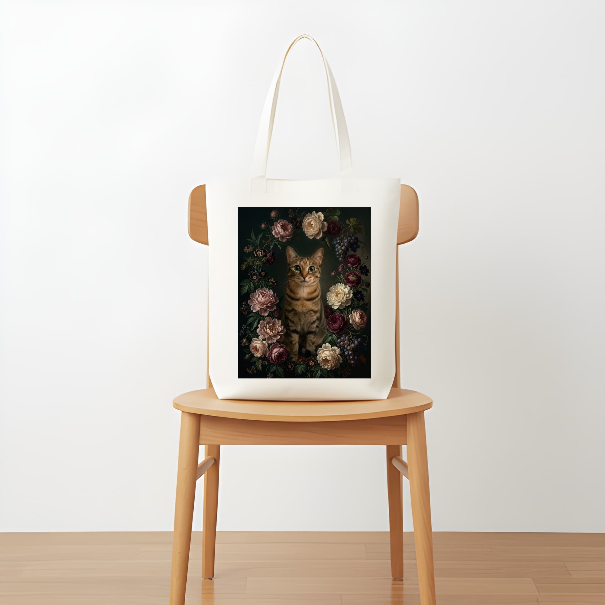 猫の花の油絵風アート花柄トートバッグ 5