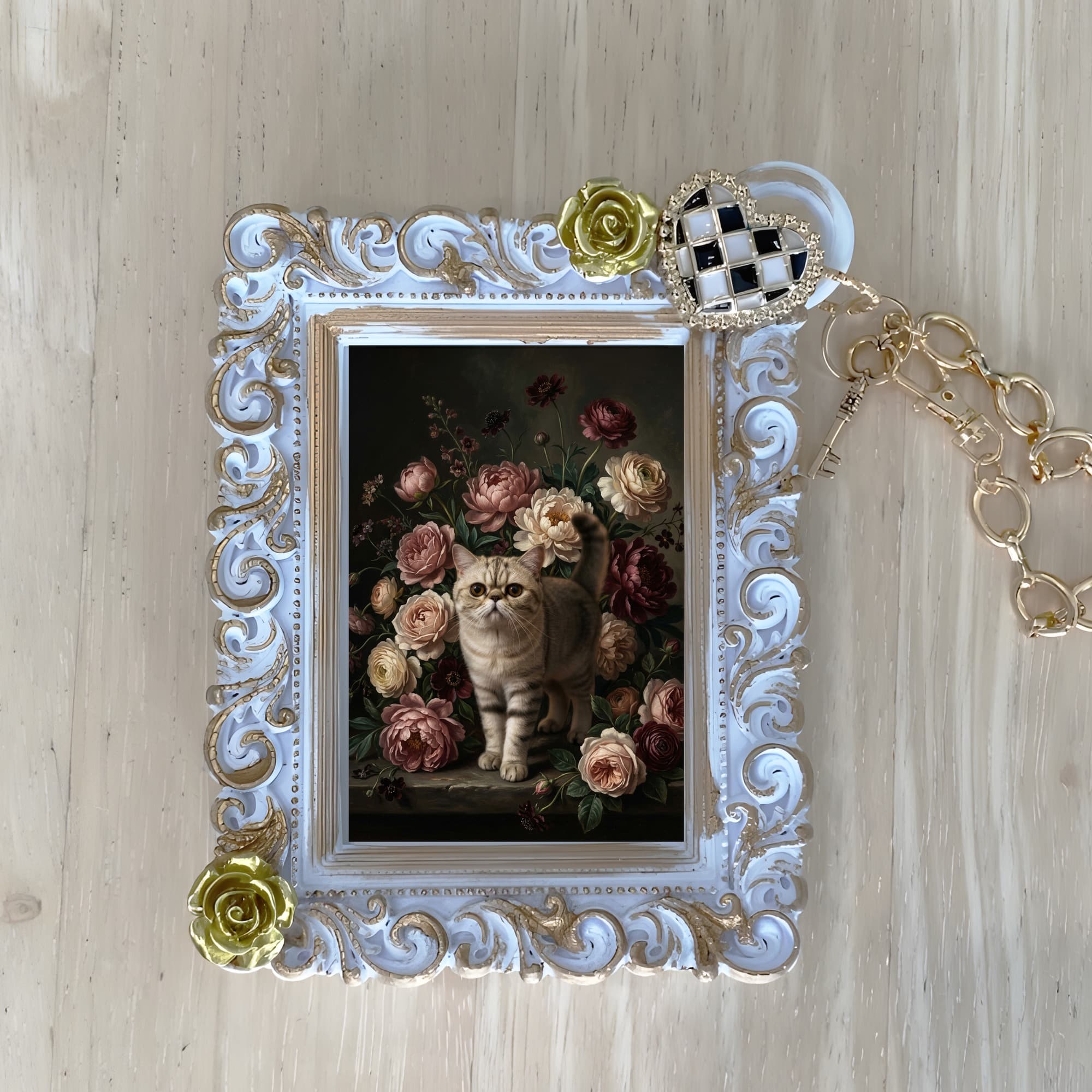 Exotic Shorthair Floral Oil-Painting Floral Bag Charm (White)