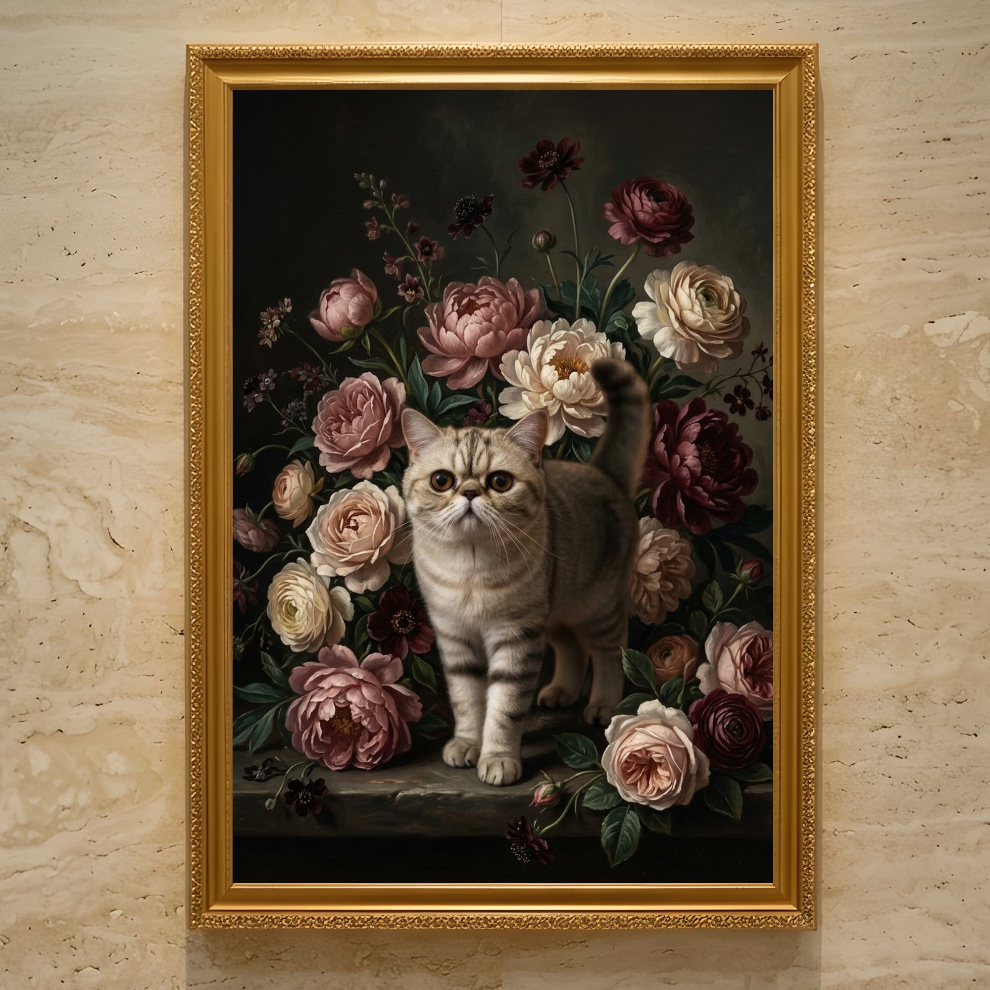 エキゾチックショートヘアの花の油絵風アート花柄額装プリント(A3サイズ)