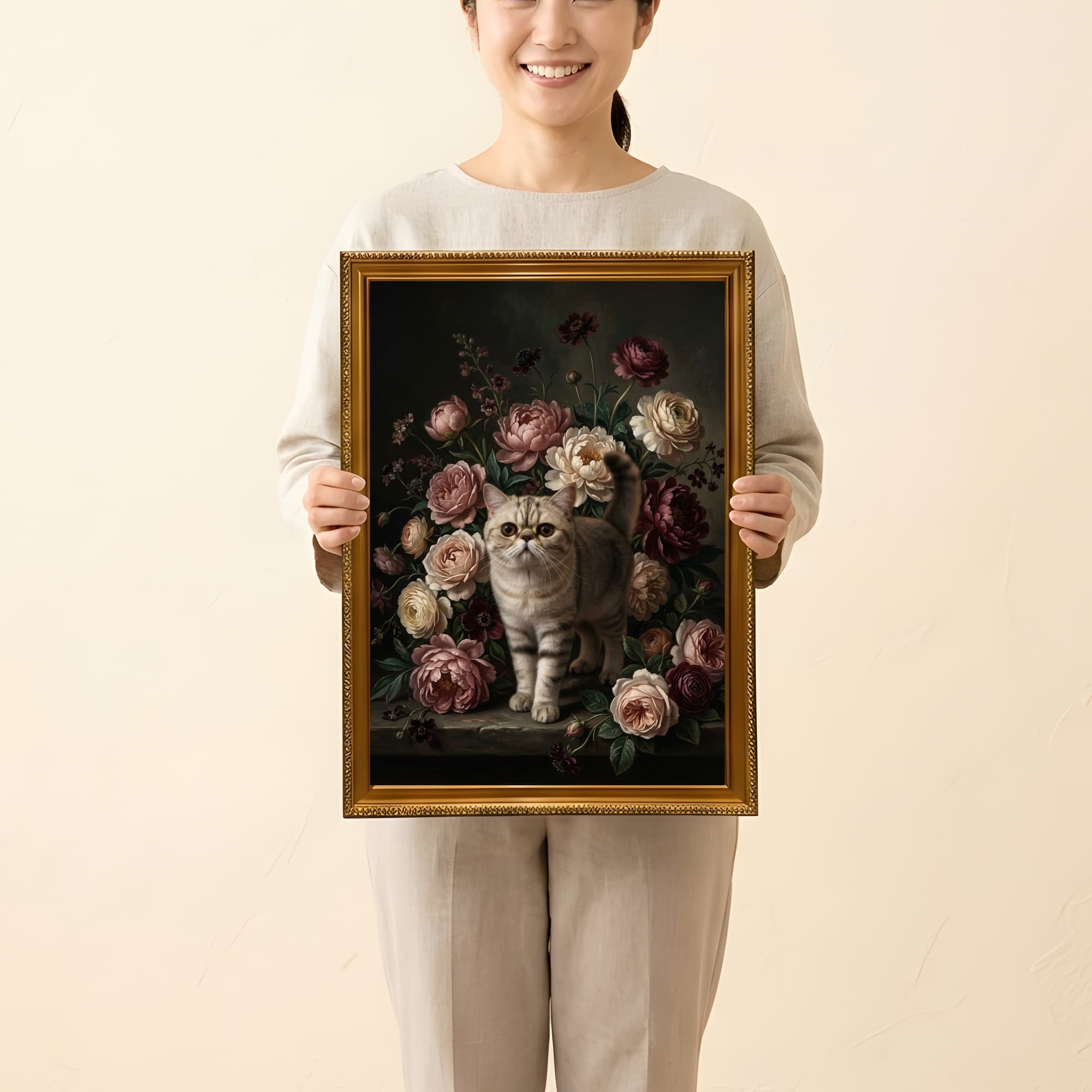 エキゾチックショートヘアの花の油絵風アート花柄額装プリント(A3サイズ) 2