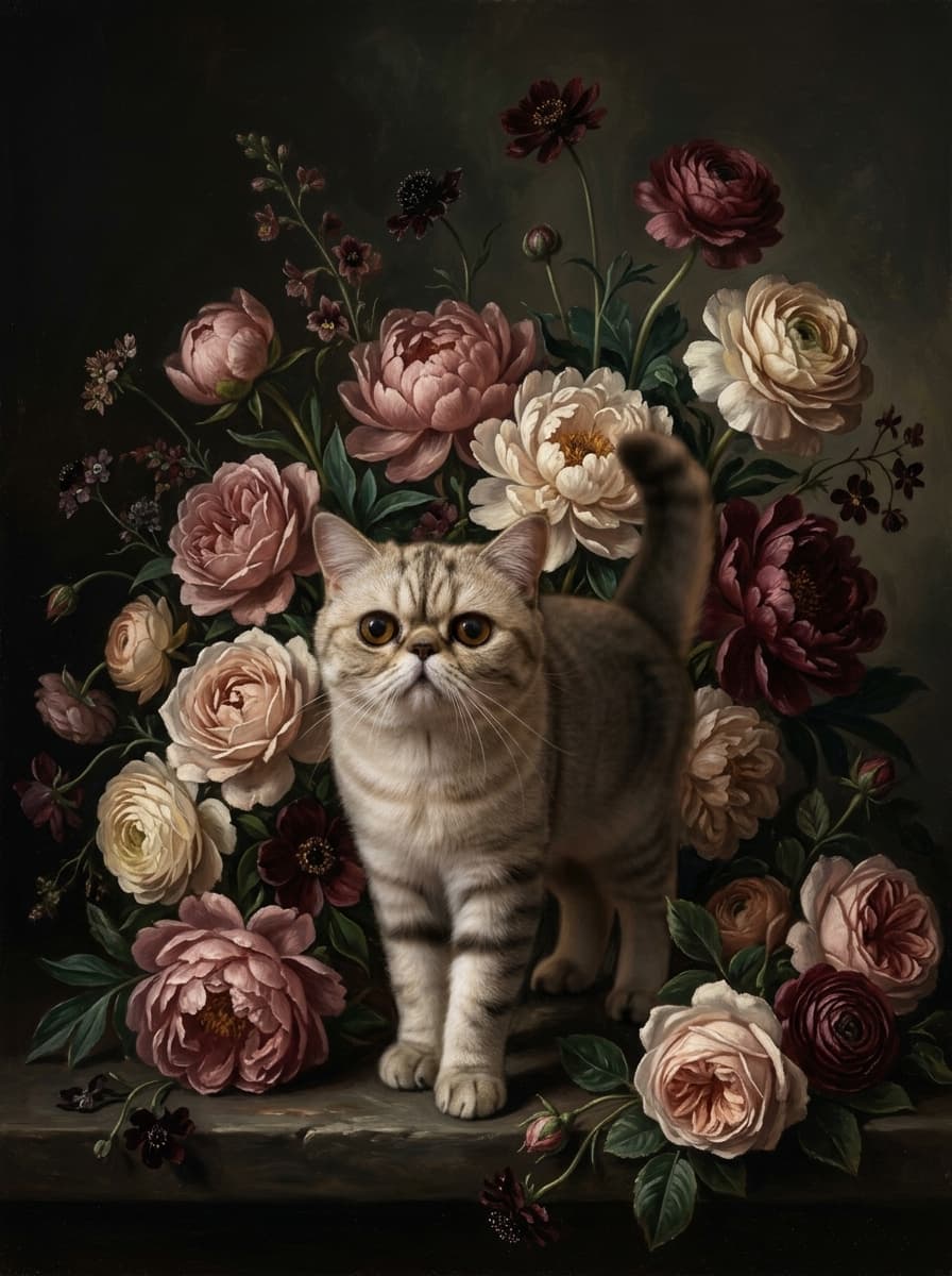 エキゾチックショートヘアの花の油絵風アート花柄額装プリント(A3サイズ) 4
