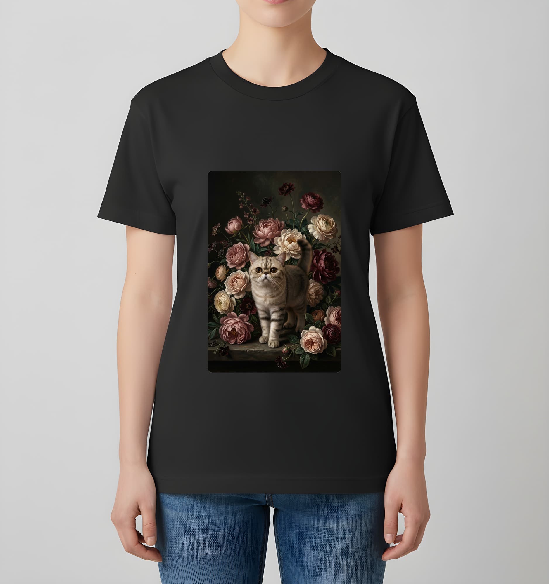 エキゾチックショートヘアの花の油絵風アート花柄Tシャツ(ブラック) 4