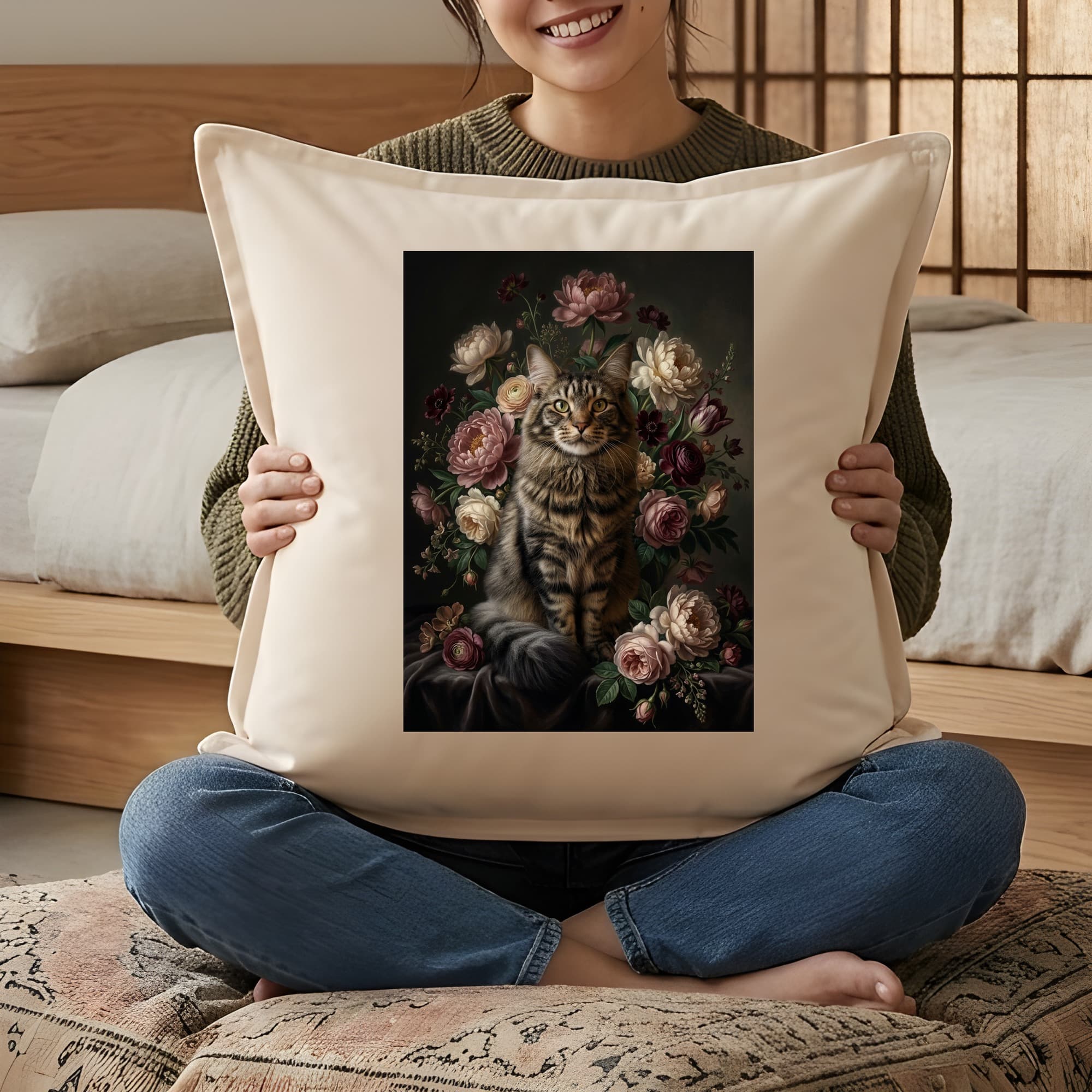 メインクーンの花の油絵風アート花柄クッション 3