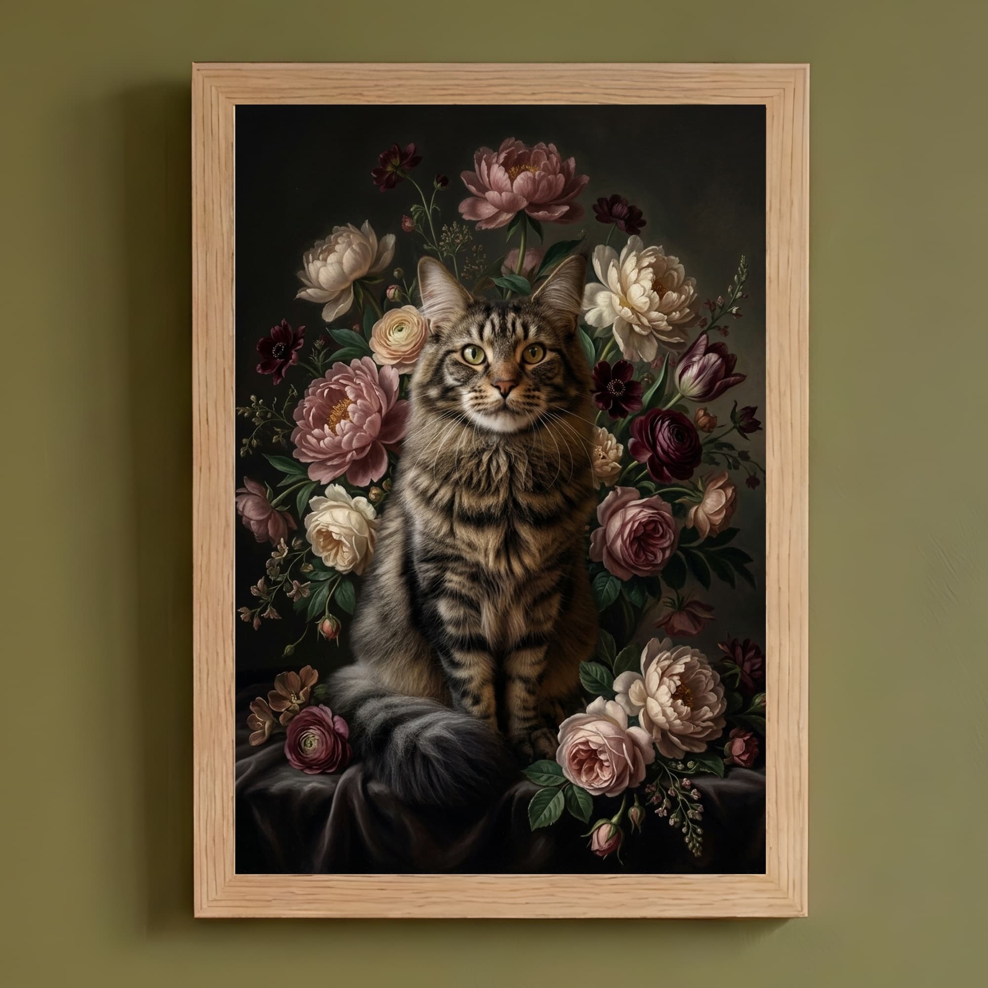 メインクーンの花の油絵風アート花柄額装プリント(A4サイズ)