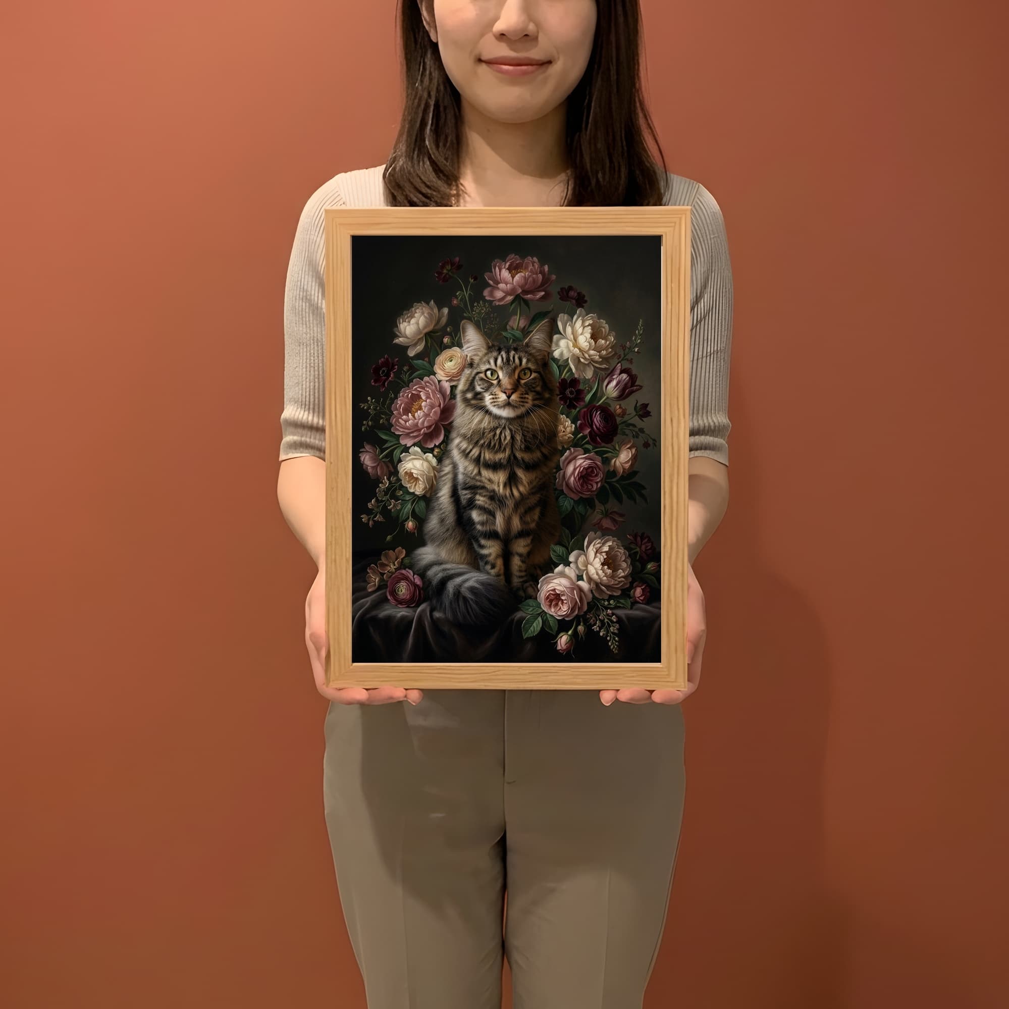 メインクーンの花の油絵風アート花柄額装プリント(A4サイズ) 2