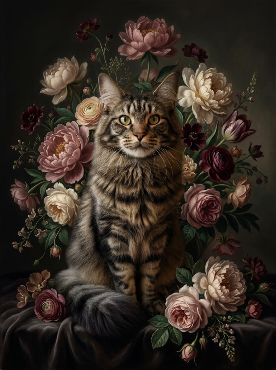 メインクーンの花の油絵風アート花柄額装プリント(A4サイズ) 4