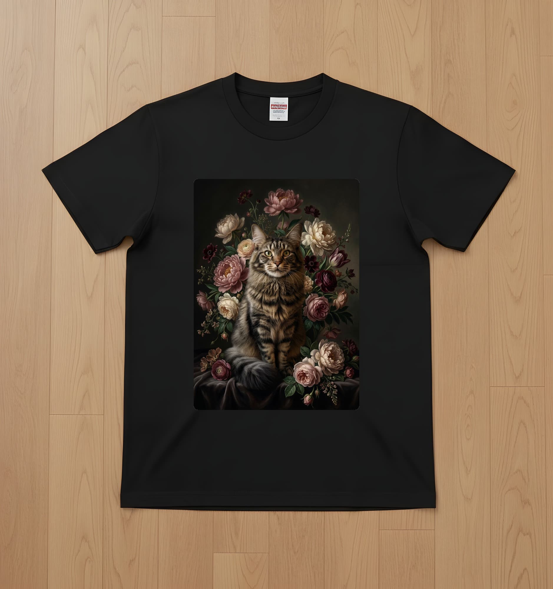 メインクーンの花の油絵風アート花柄Tシャツ(ブラック)