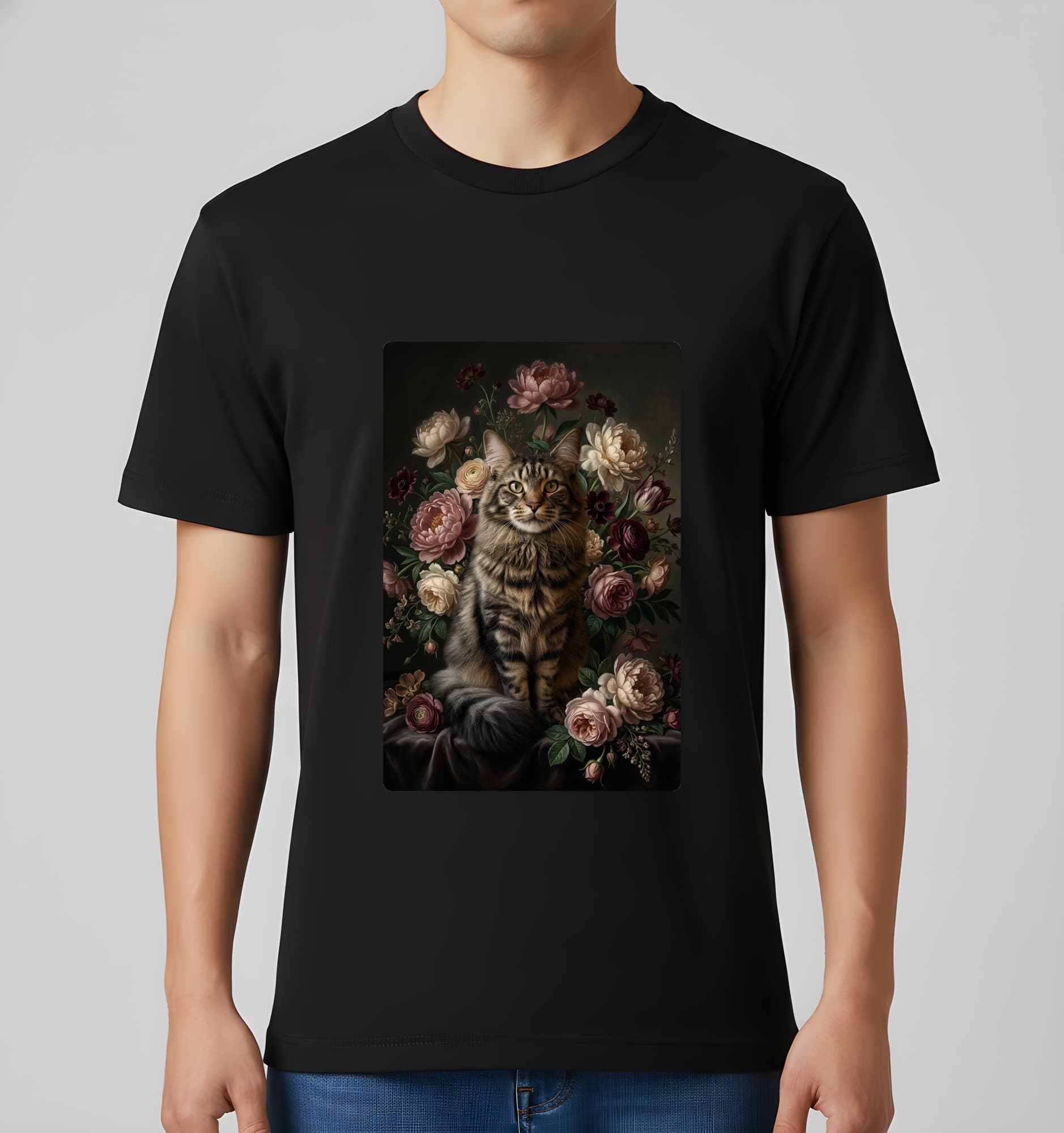 メインクーンの花の油絵風アート花柄Tシャツ(ブラック) 3