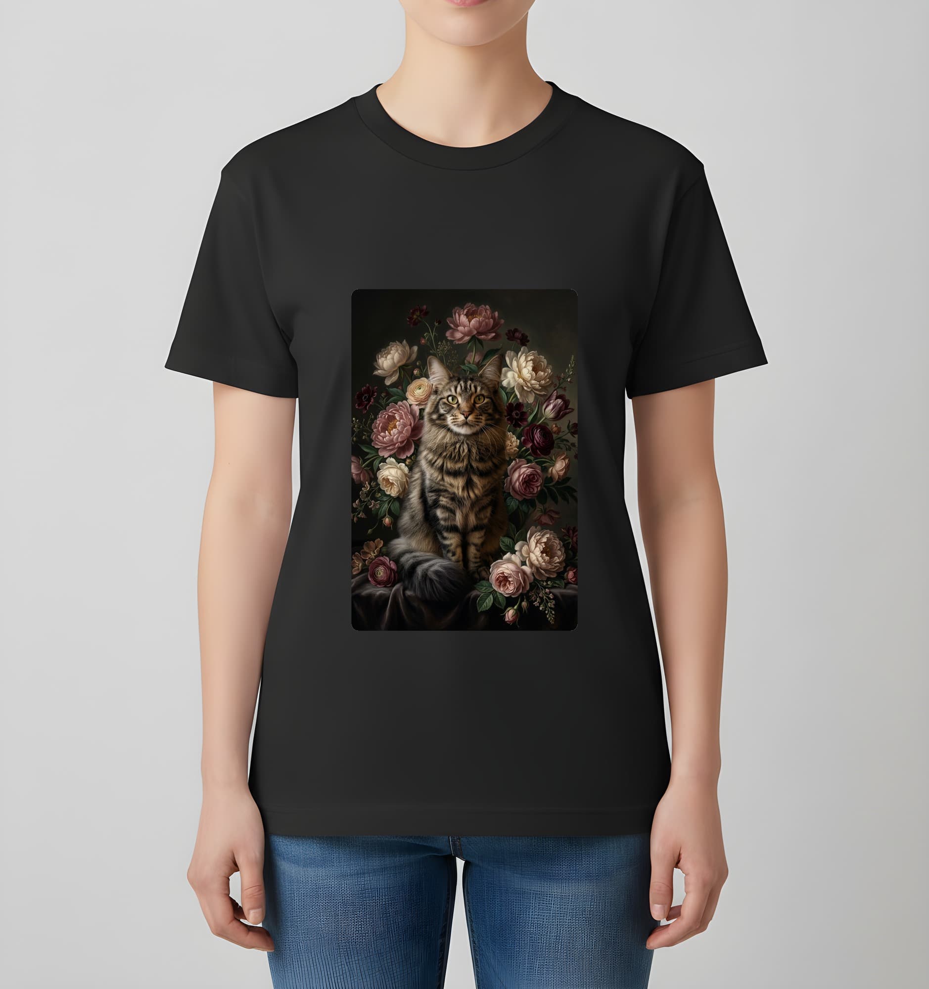 メインクーンの花の油絵風アート花柄Tシャツ(ブラック) 4