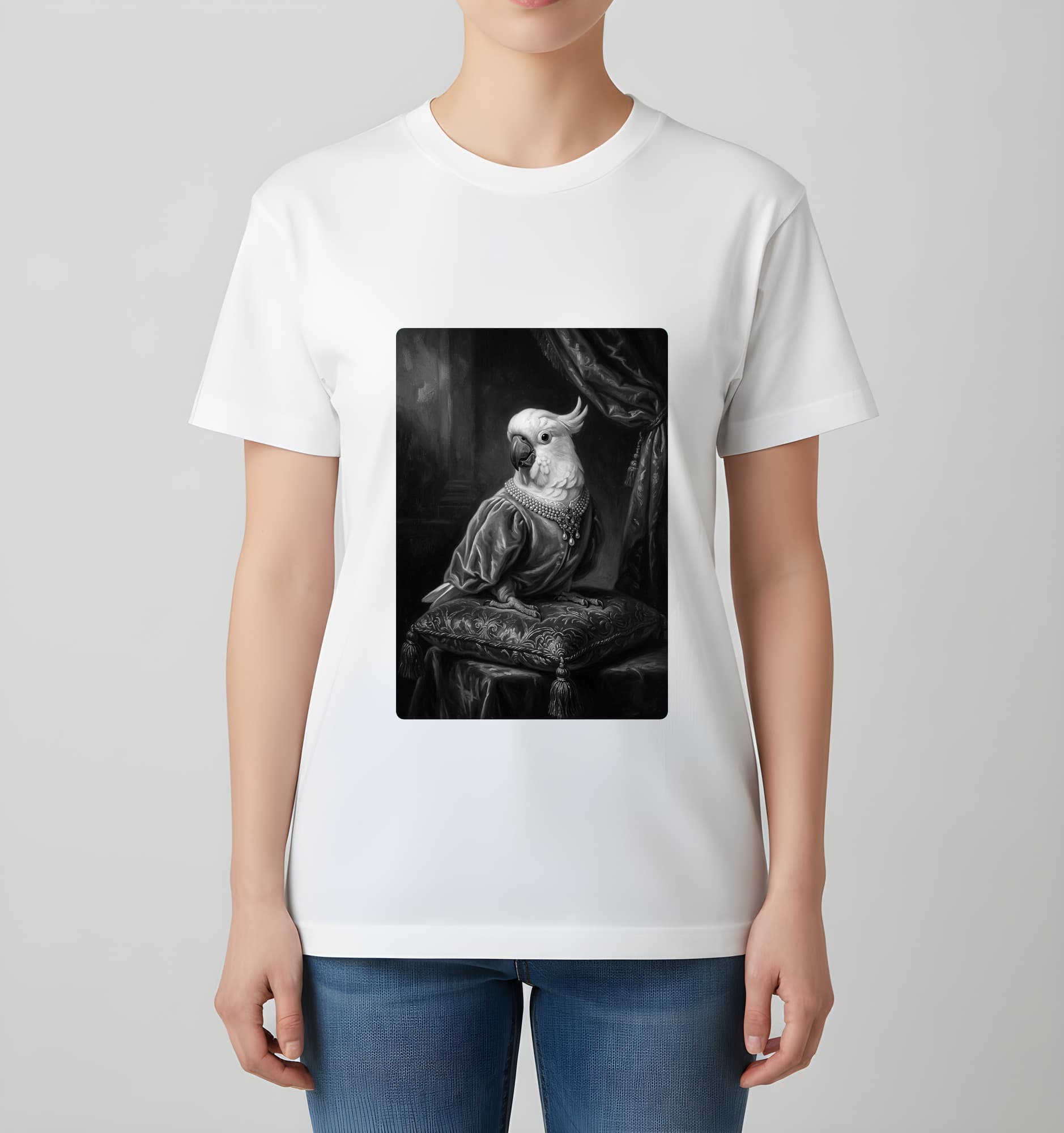キバタンのルネサンス肖像画Tシャツ(ホワイト・モノクロプリント・額縁なし) 4