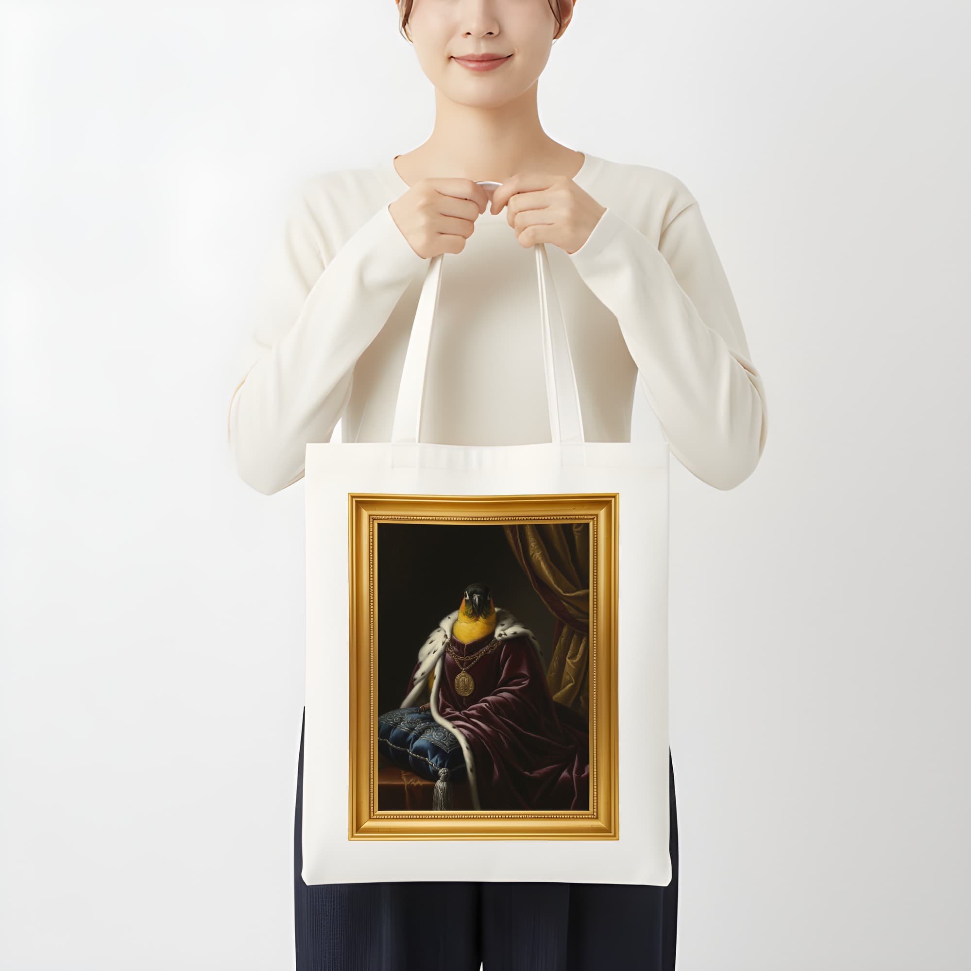 ズグロシロハラインコのルネサンス肖像画トートバッグ(カラープリント・額縁デザインあり) 3