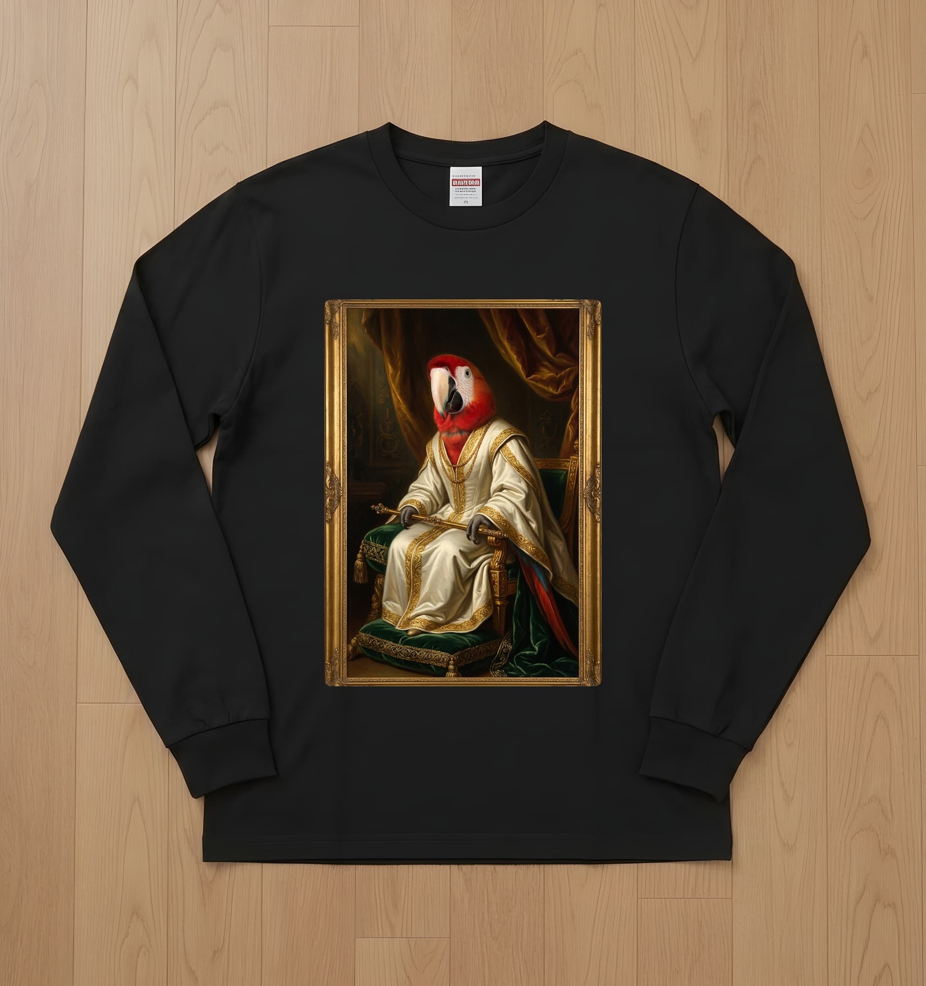 コンゴウインコのルネサンス肖像画長袖Tシャツ(ブラック)