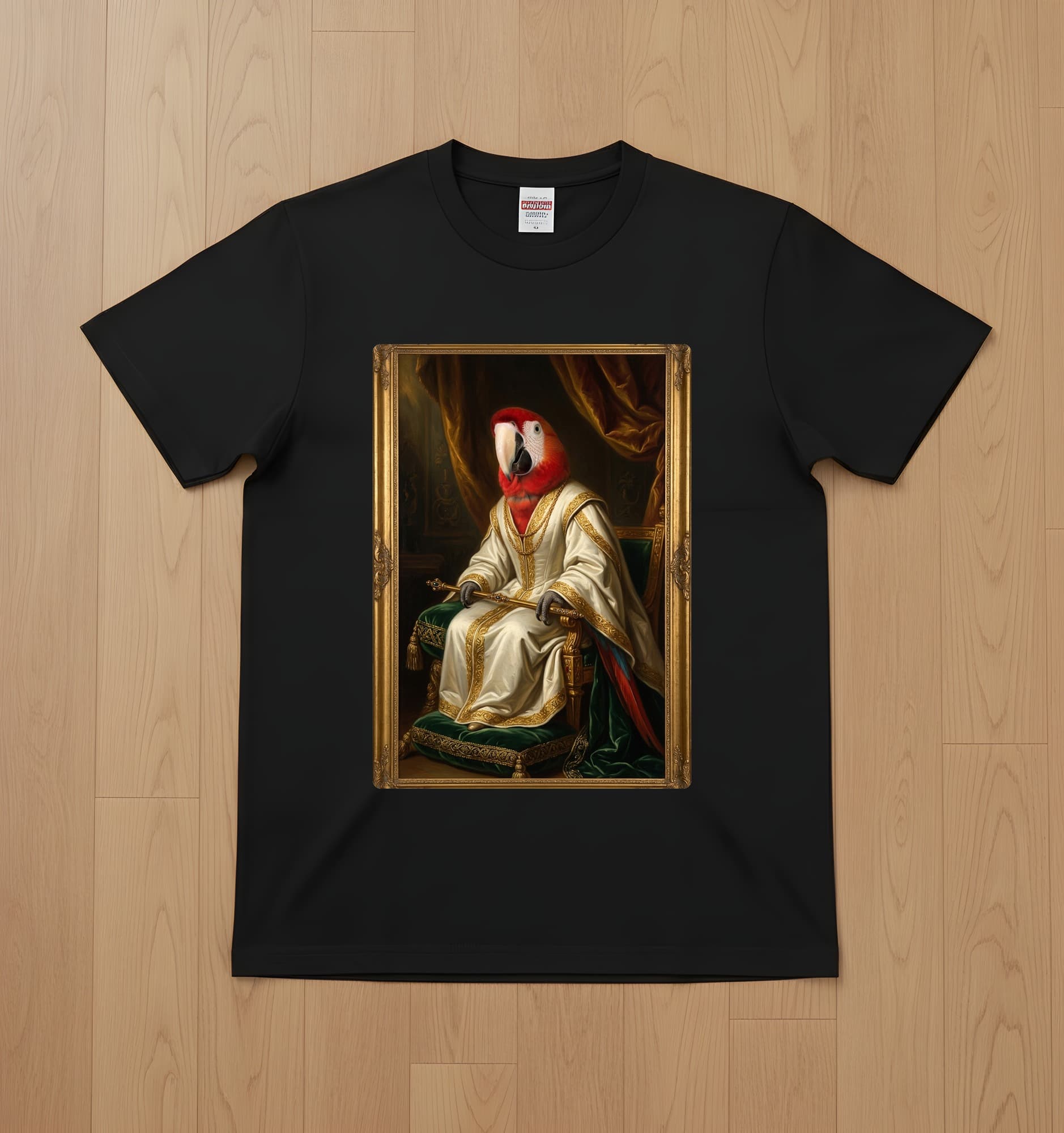 コンゴウインコのルネサンス肖像画Tシャツ(ブラック・カラープリント・額縁なし)
