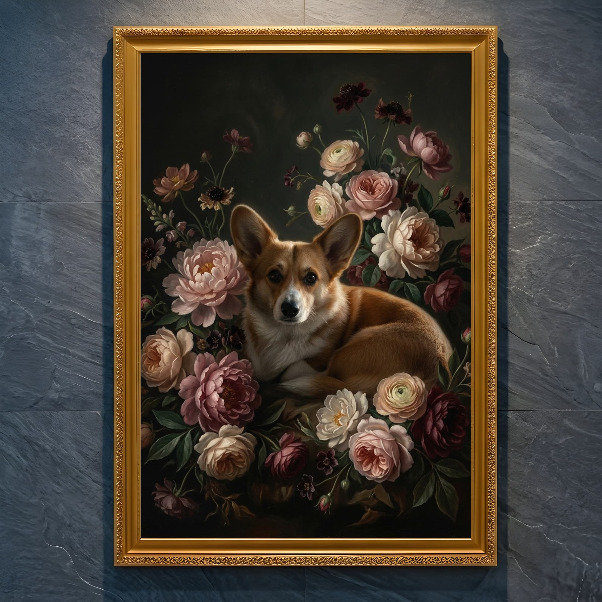 Pembroke Welsh corgi Floral Oil-Painting Floral Framed Art Print (A4 Gold)