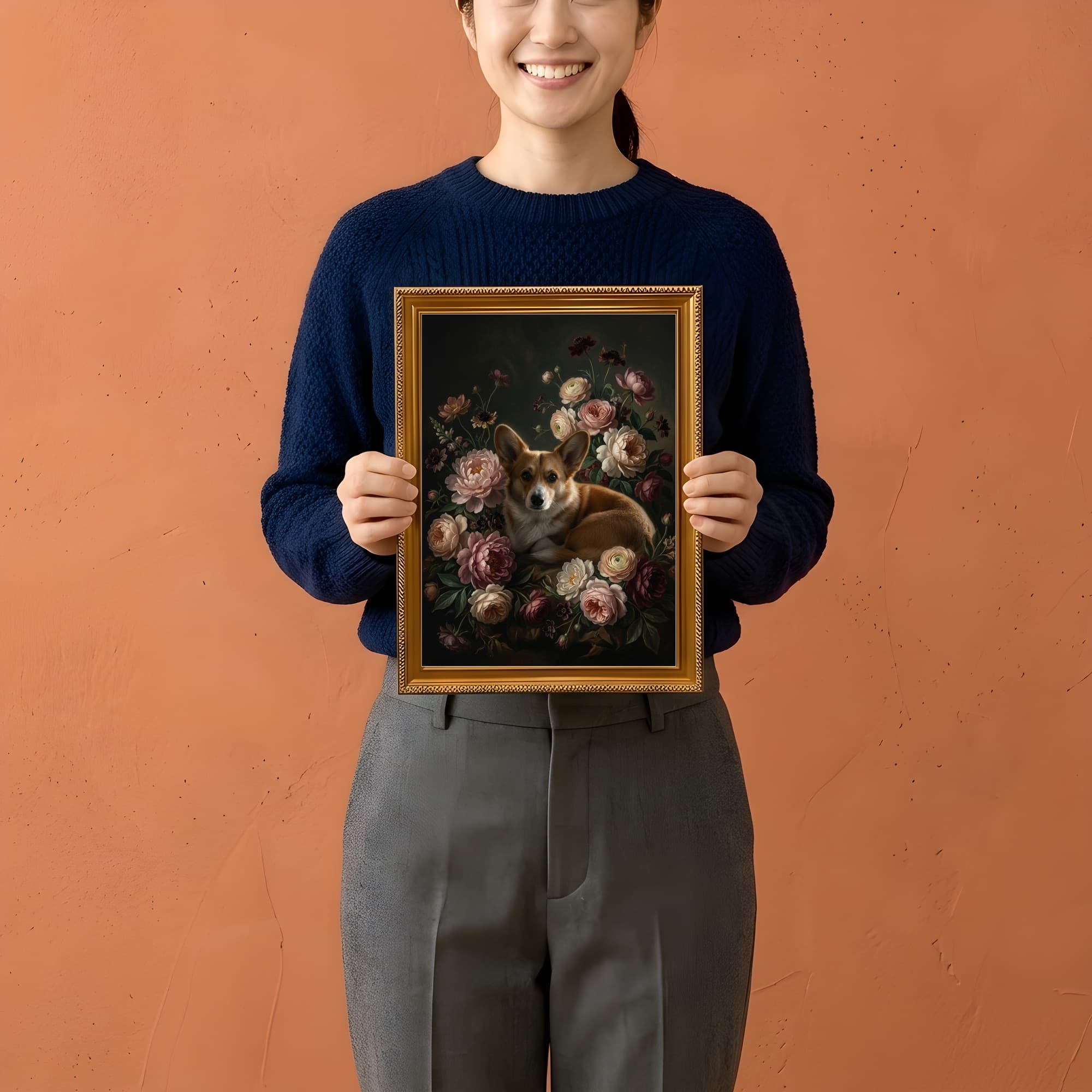 Pembroke Welsh corgi Floral Oil-Painting Floral Framed Art Print (A4 Gold) 2
