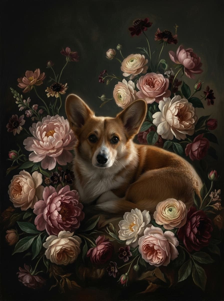 Pembroke Welsh corgi Floral Oil-Painting Floral Framed Art Print (A4 Gold) 4
