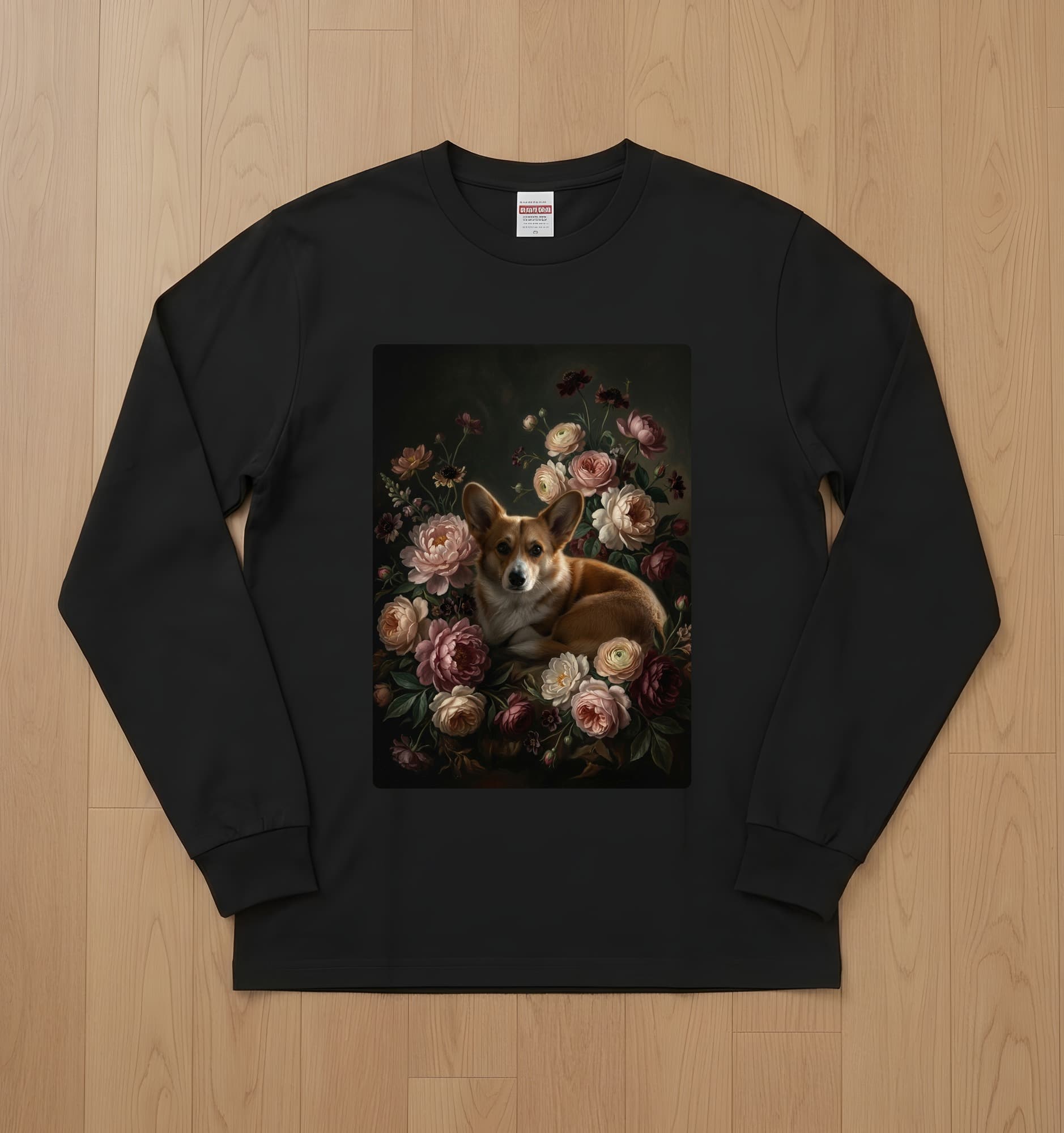 コーギーの花の油絵風アート花柄長袖Tシャツ(ブラック)