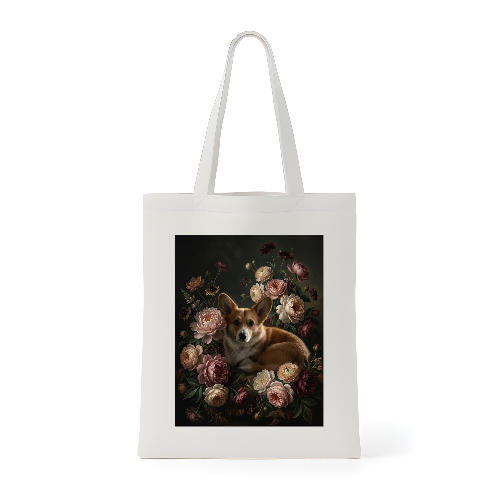 コーギーの花の油絵風アート花柄トートバッグ