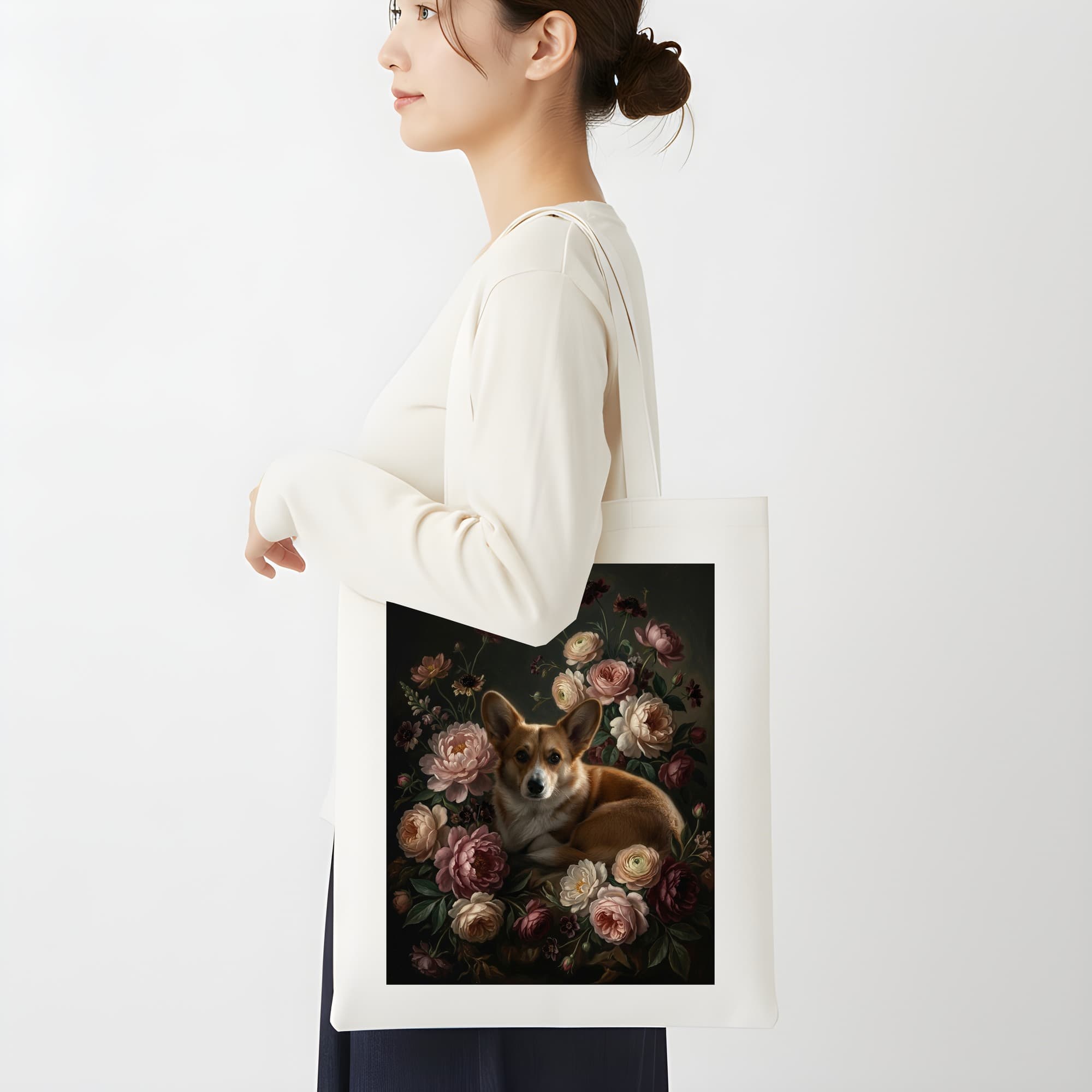 コーギーの花の油絵風アート花柄トートバッグ 2