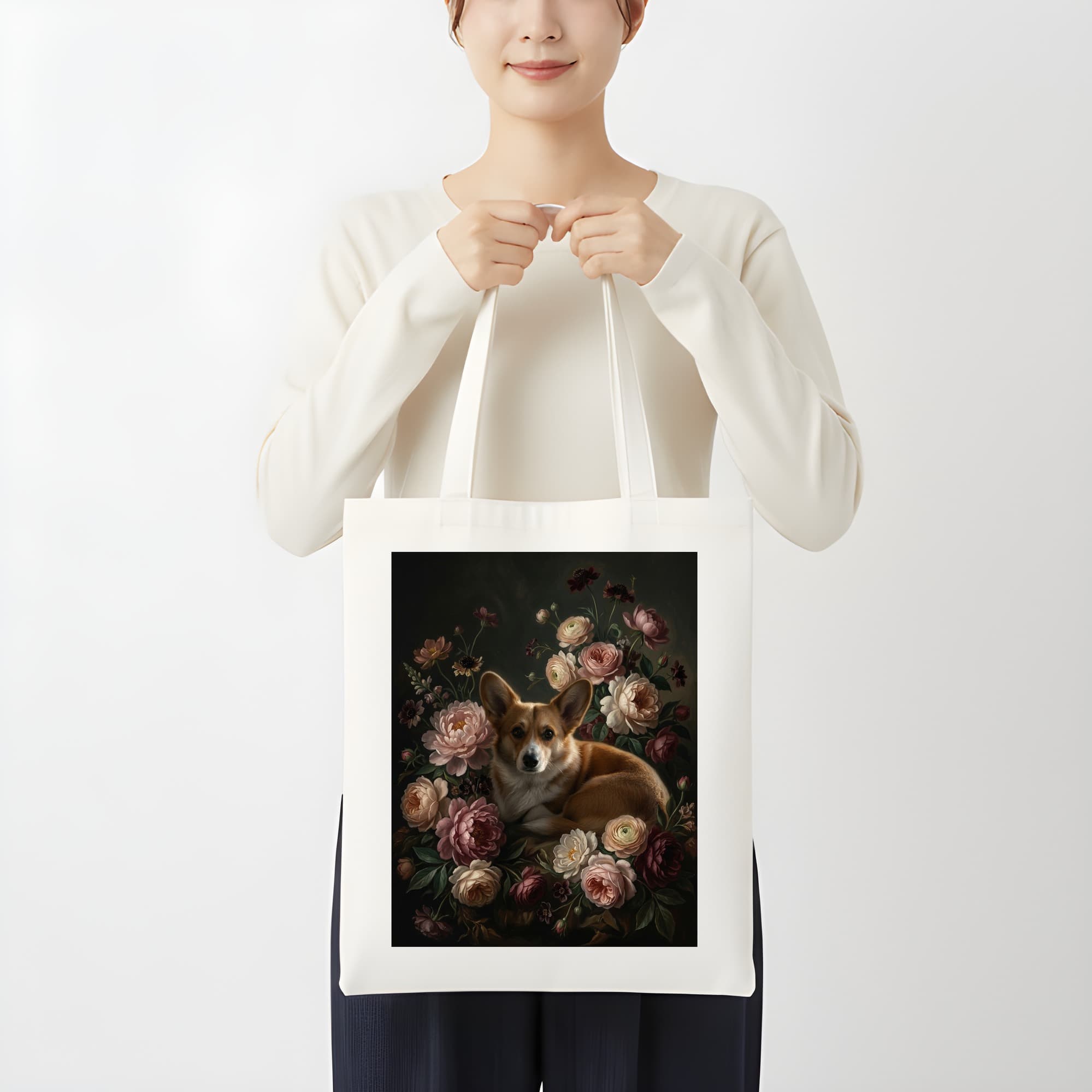 コーギーの花の油絵風アート花柄トートバッグ 3