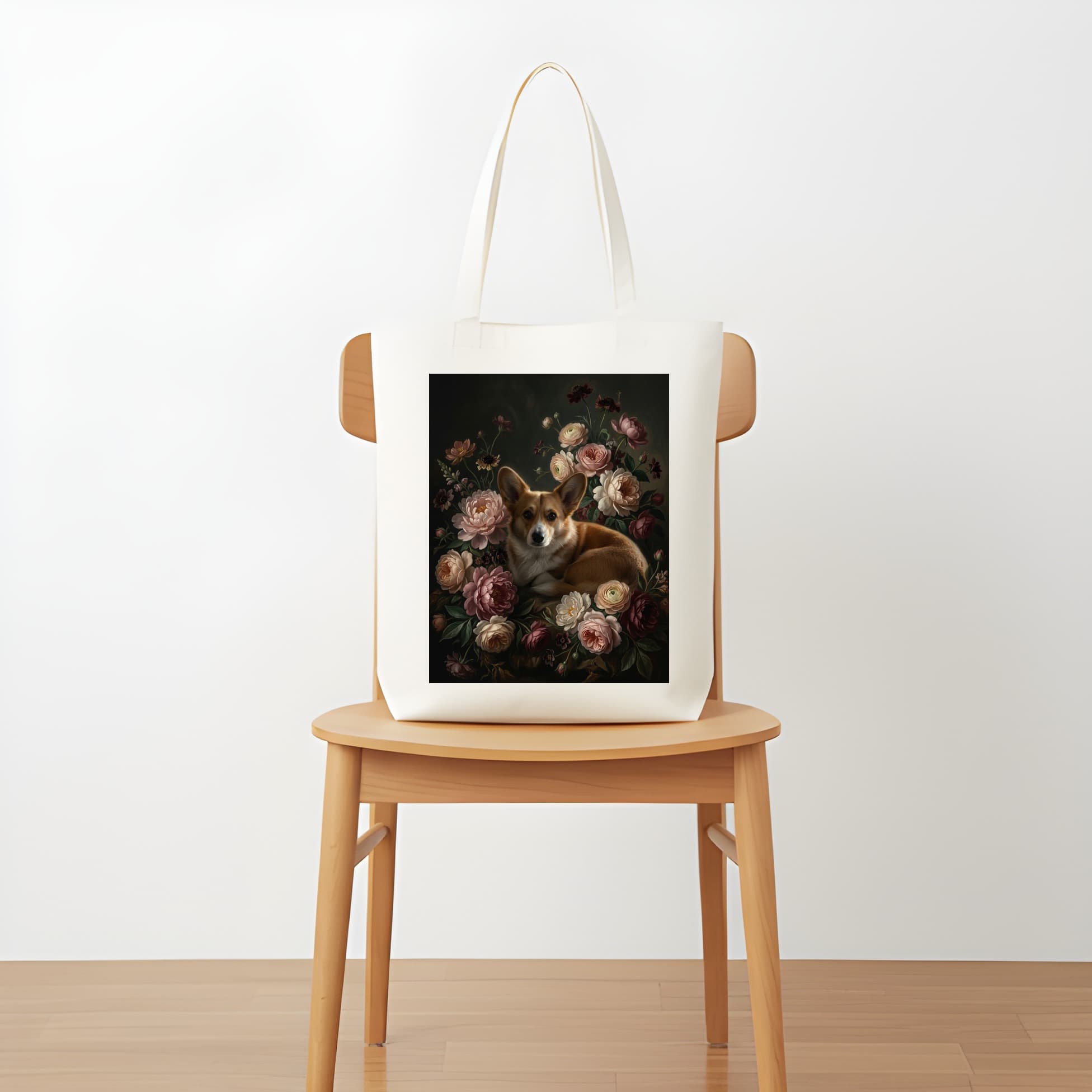 コーギーの花の油絵風アート花柄トートバッグ 5