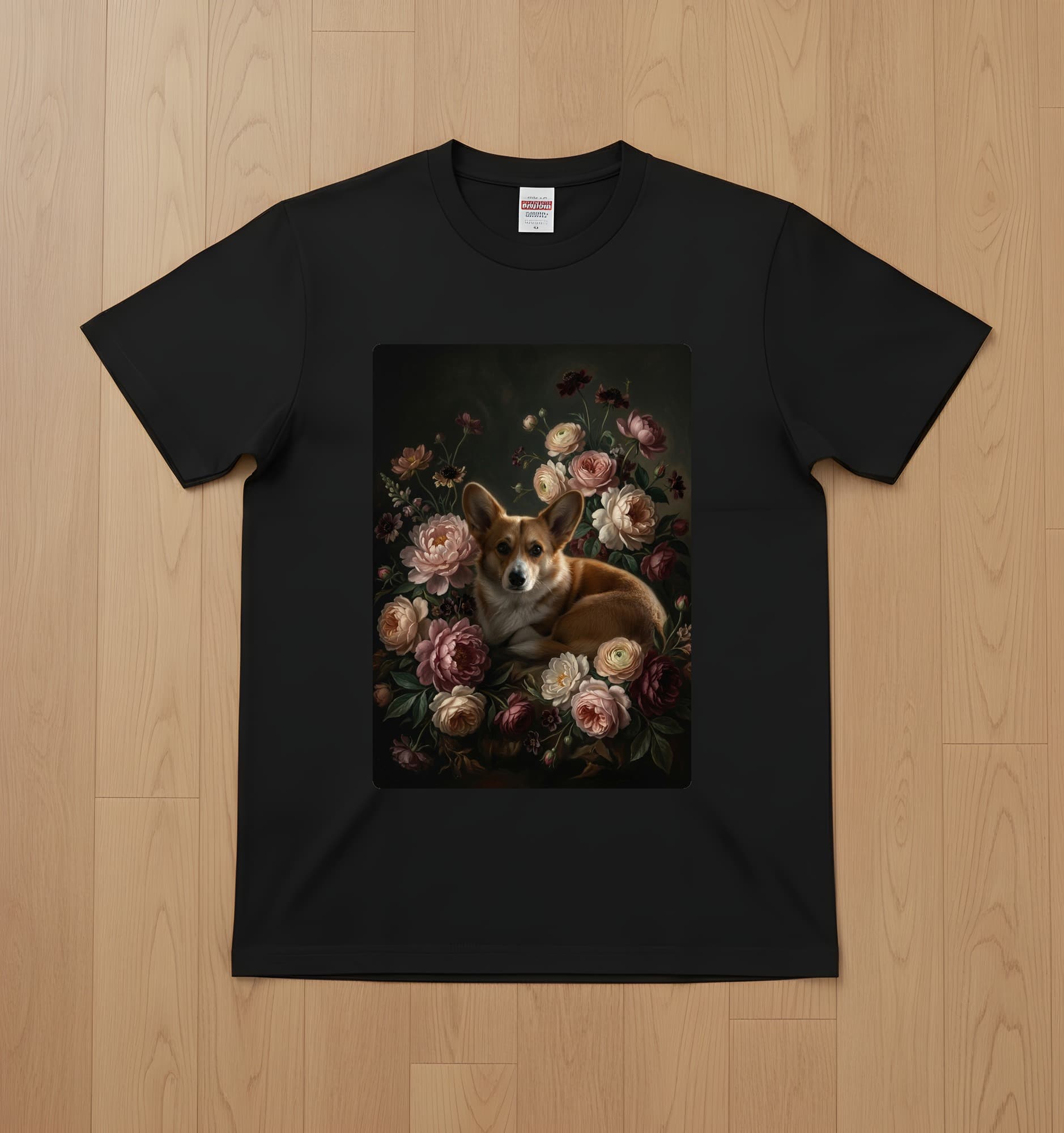 コーギーの花の油絵風アート花柄Tシャツ(ブラック)