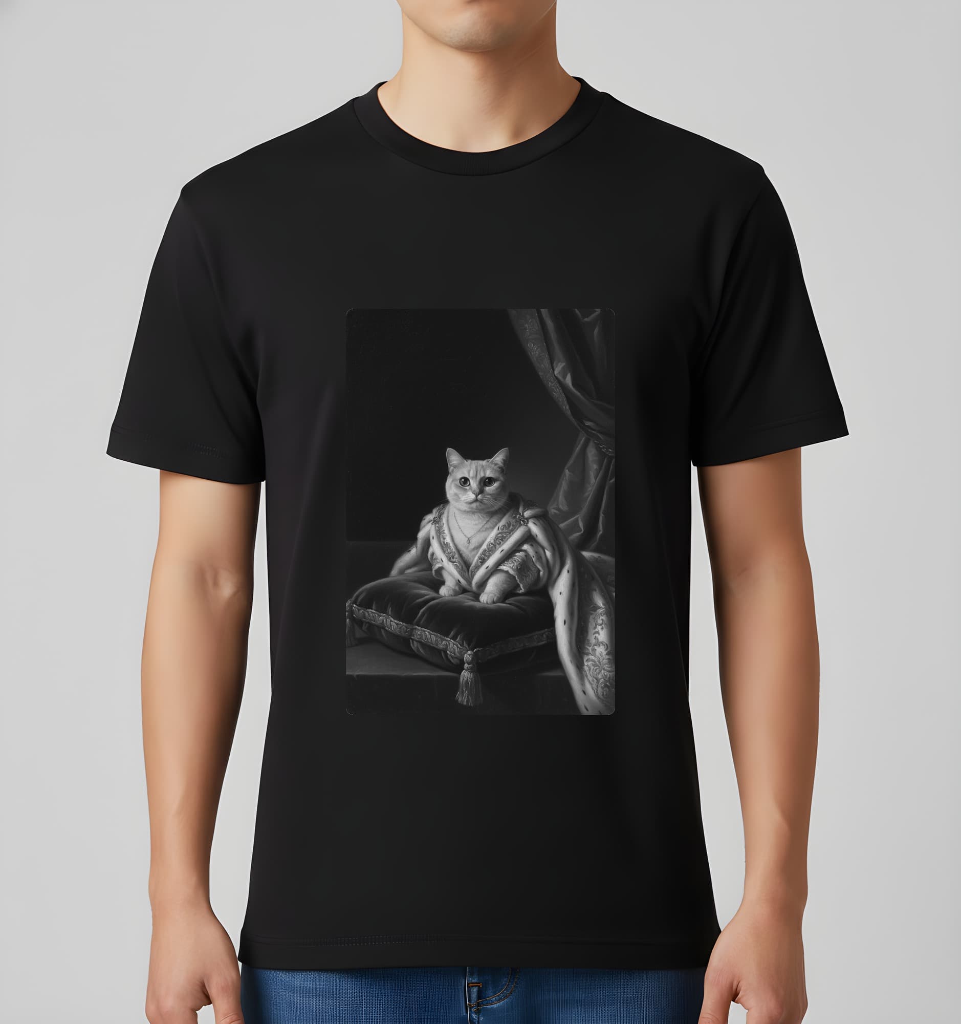 マンチカンのルネサンス肖像画Tシャツ(ブラック・モノクロプリント・額縁なし) 3