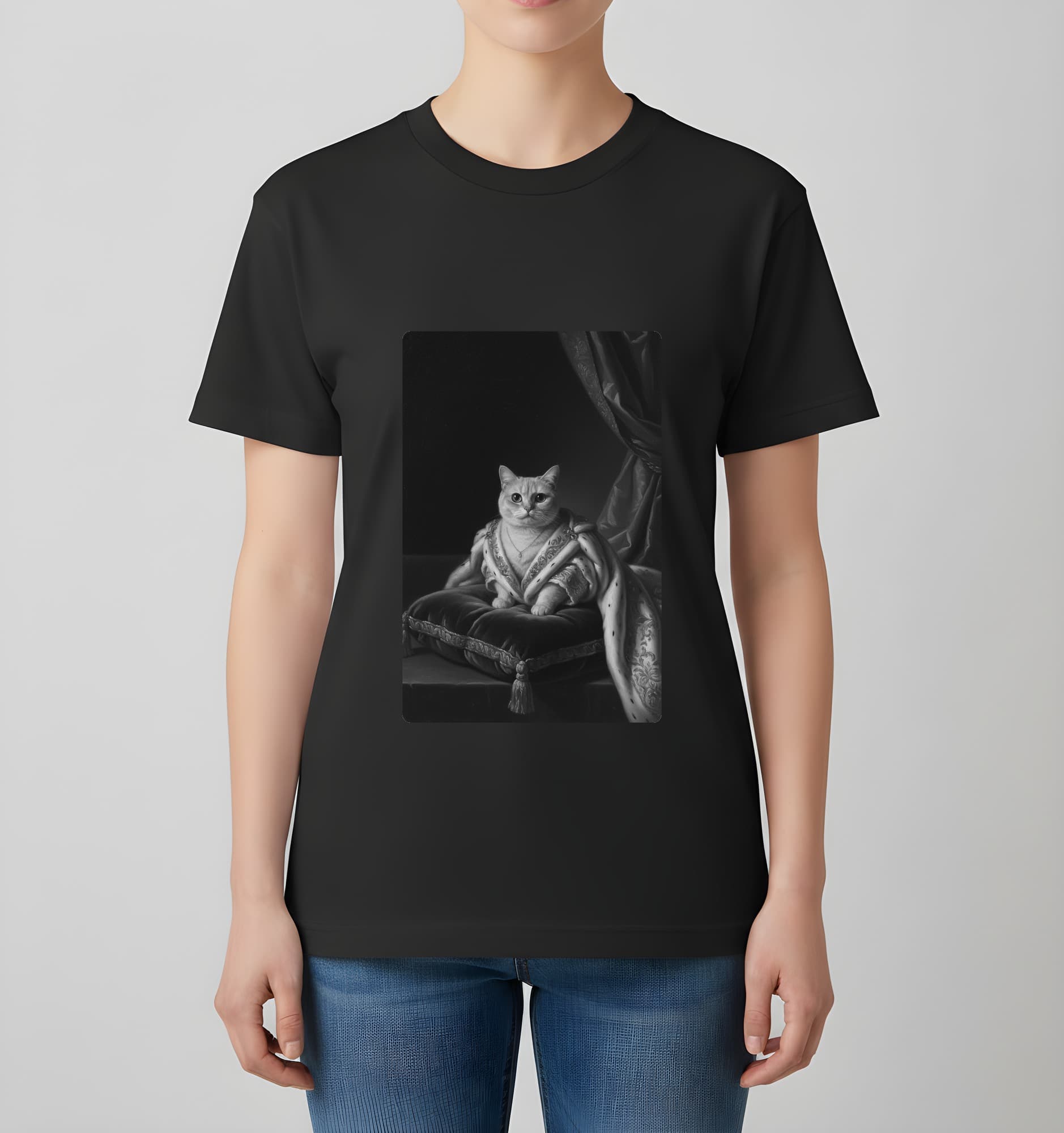 マンチカンのルネサンス肖像画Tシャツ(ブラック・モノクロプリント・額縁なし) 4