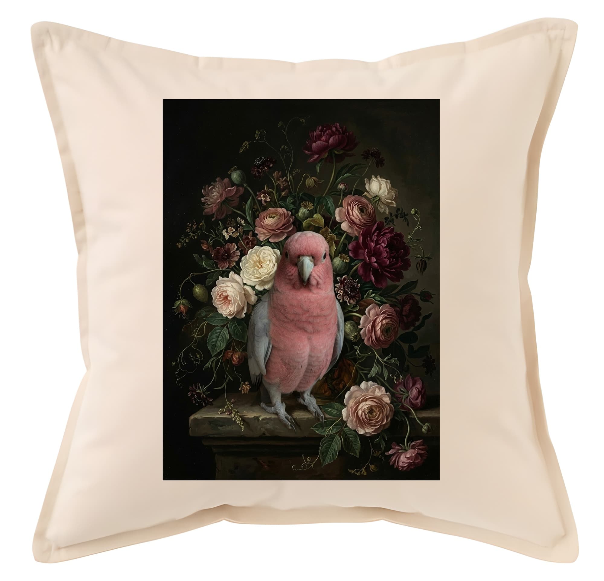 モモイロインコの花の油絵風アート花柄クッション