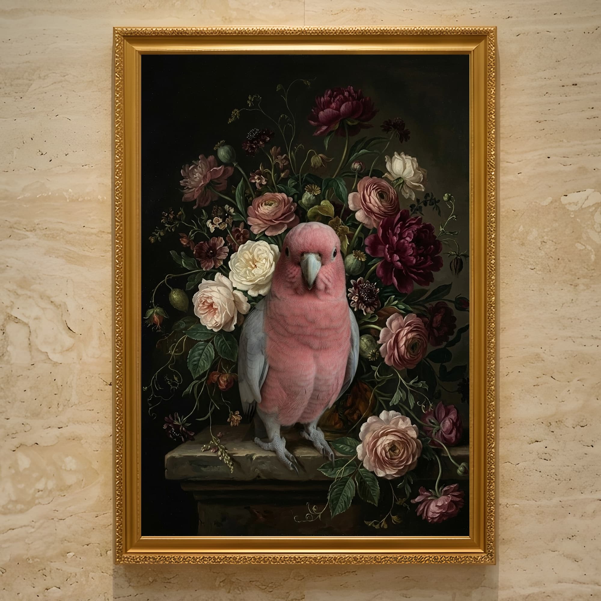 モモイロインコの花の油絵風アート花柄額装プリント(A3サイズ)