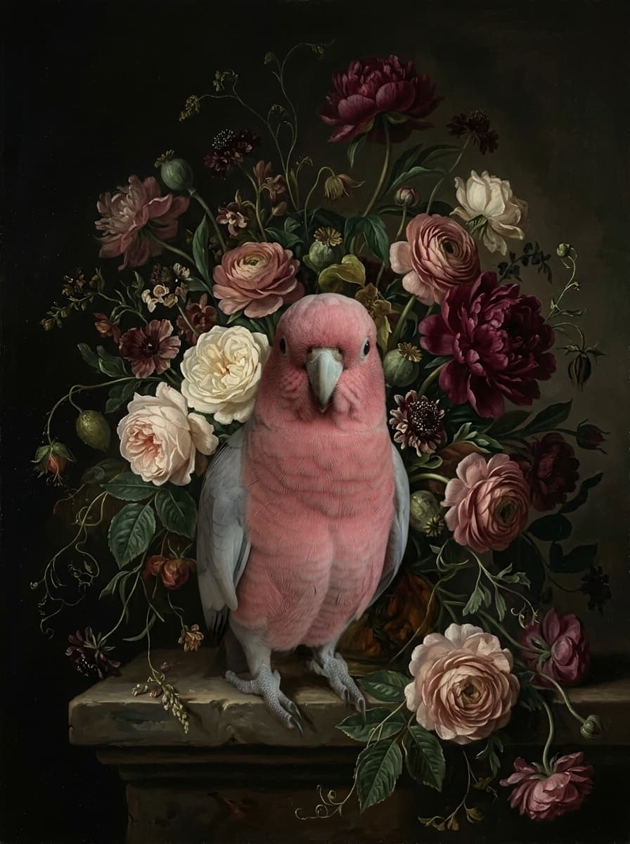 モモイロインコの花の油絵風アート花柄額装プリント(A3サイズ) 4