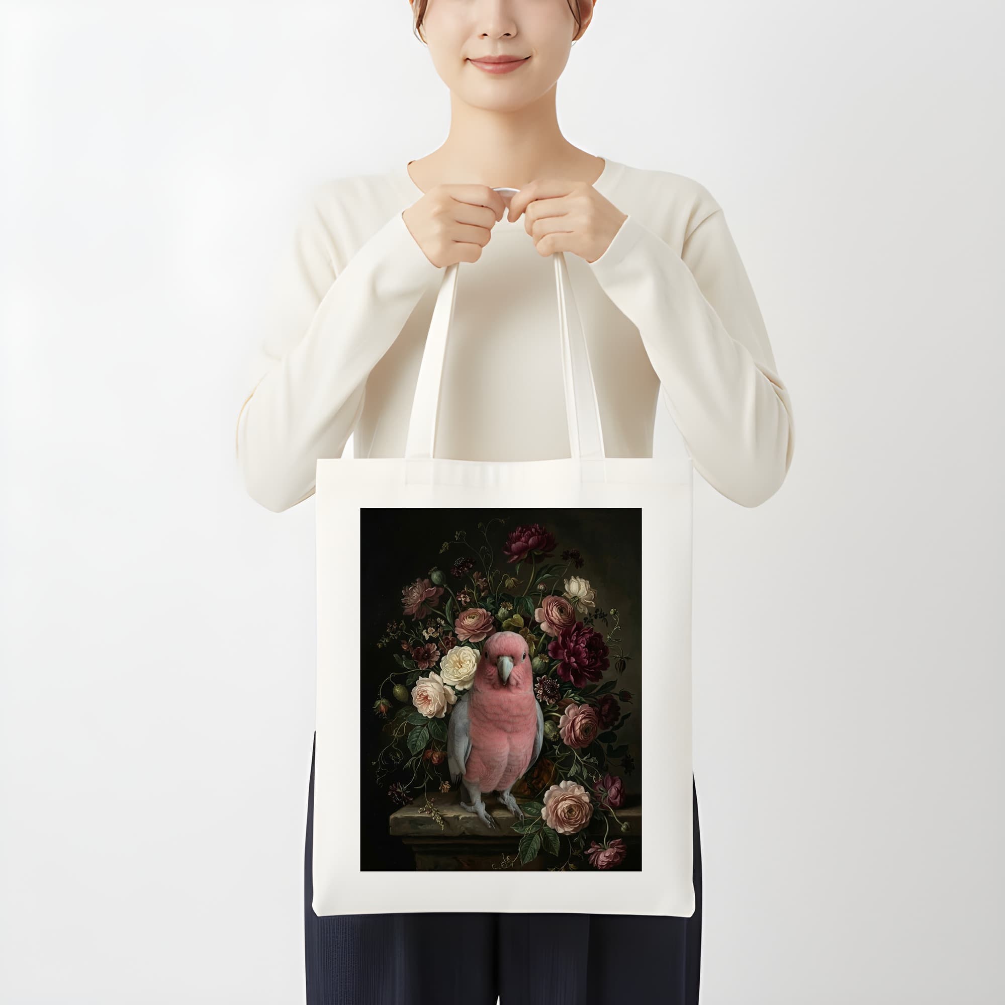 モモイロインコの花の油絵風アート花柄トートバッグ 3