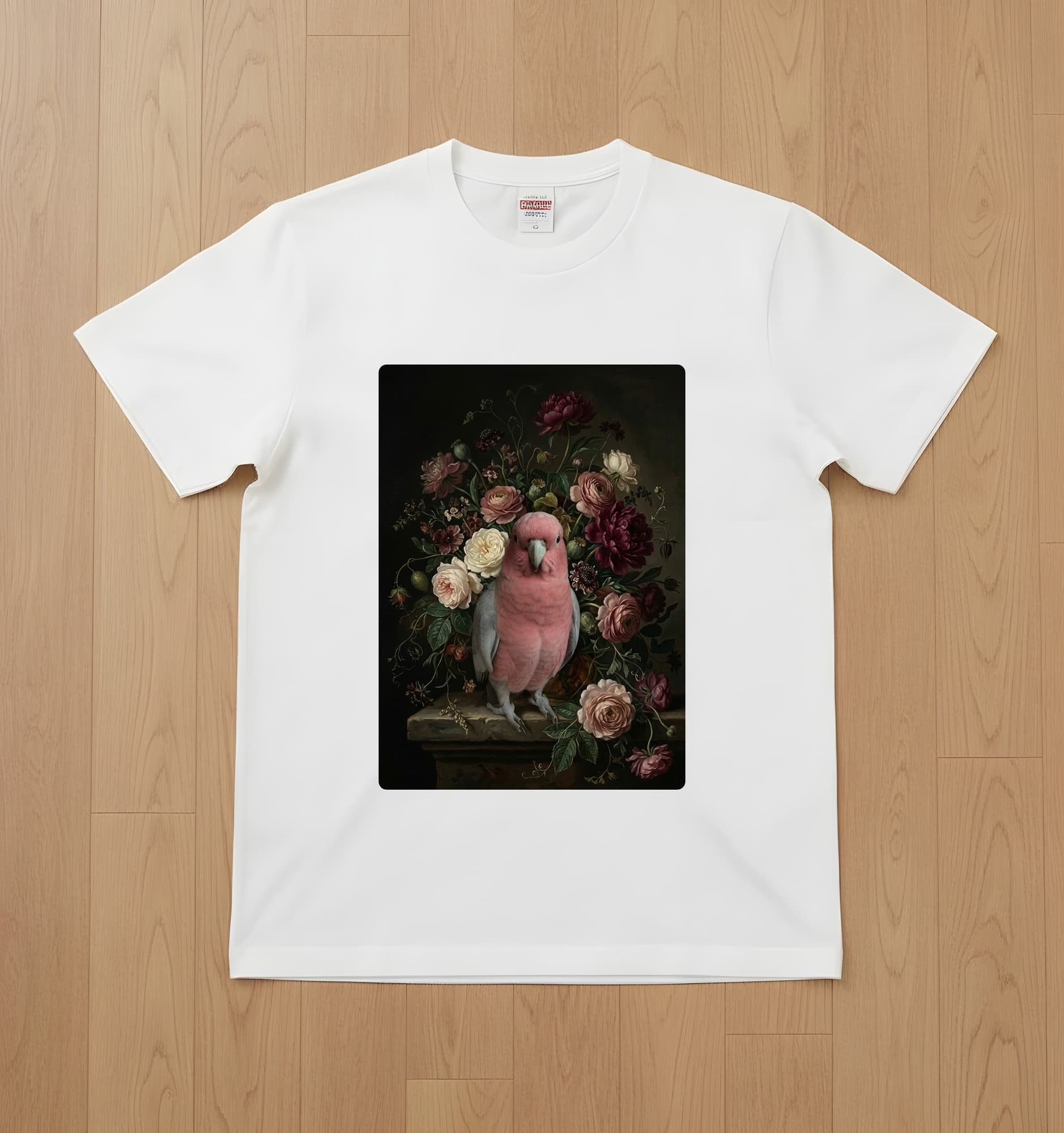 モモイロインコの花の油絵風アート花柄Tシャツ(ホワイト)