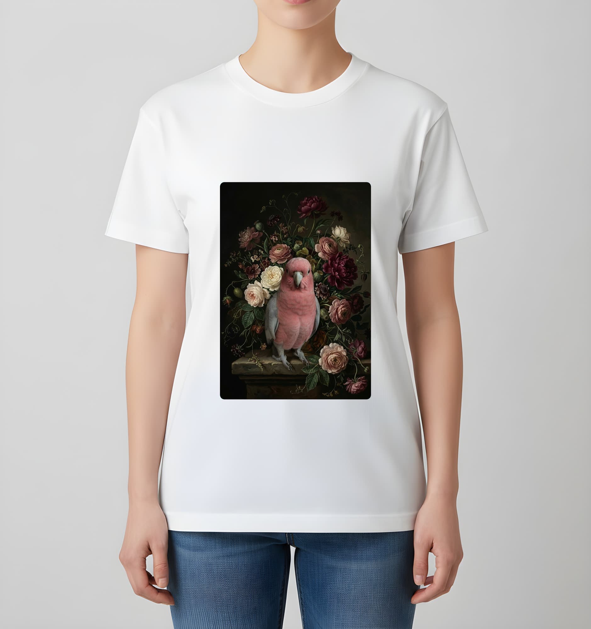 Galah Floral Oil-Painting Floral T-Shirt (White) 4