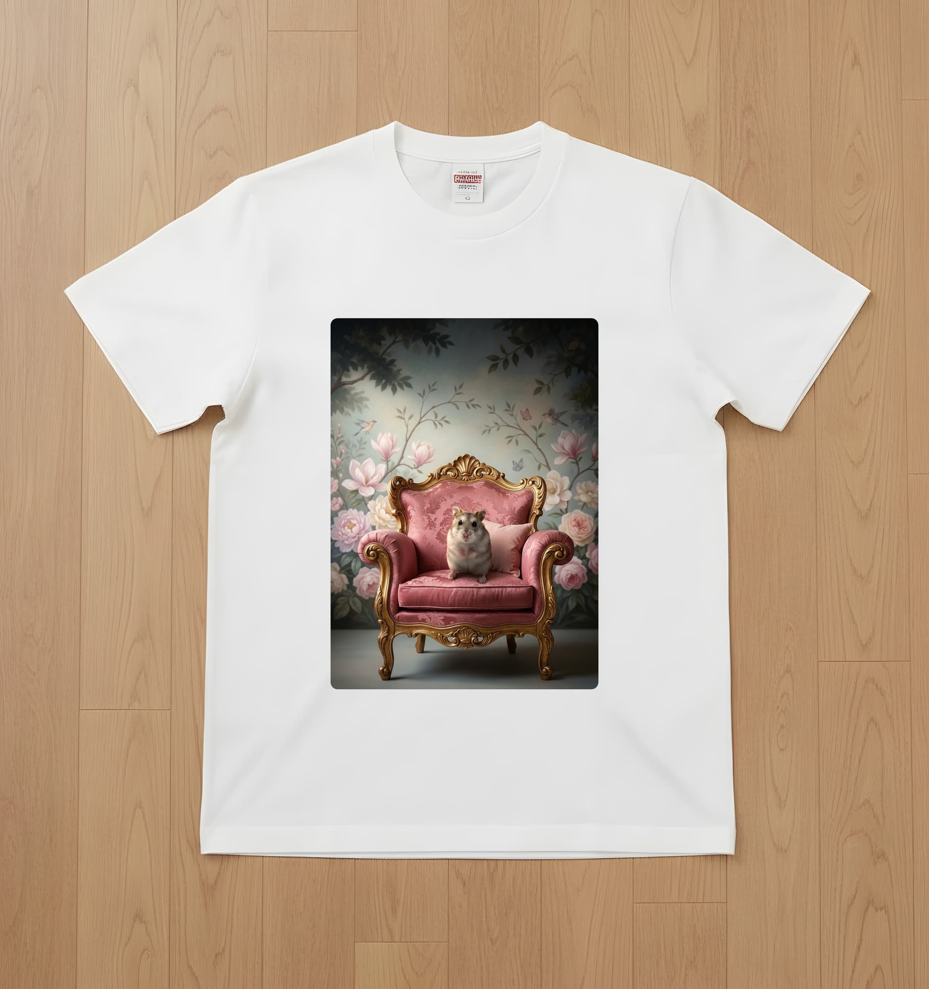 ジャンガリアンハムスターのシャビーピンクの油絵風アートロココ調Tシャツ(ホワイト)