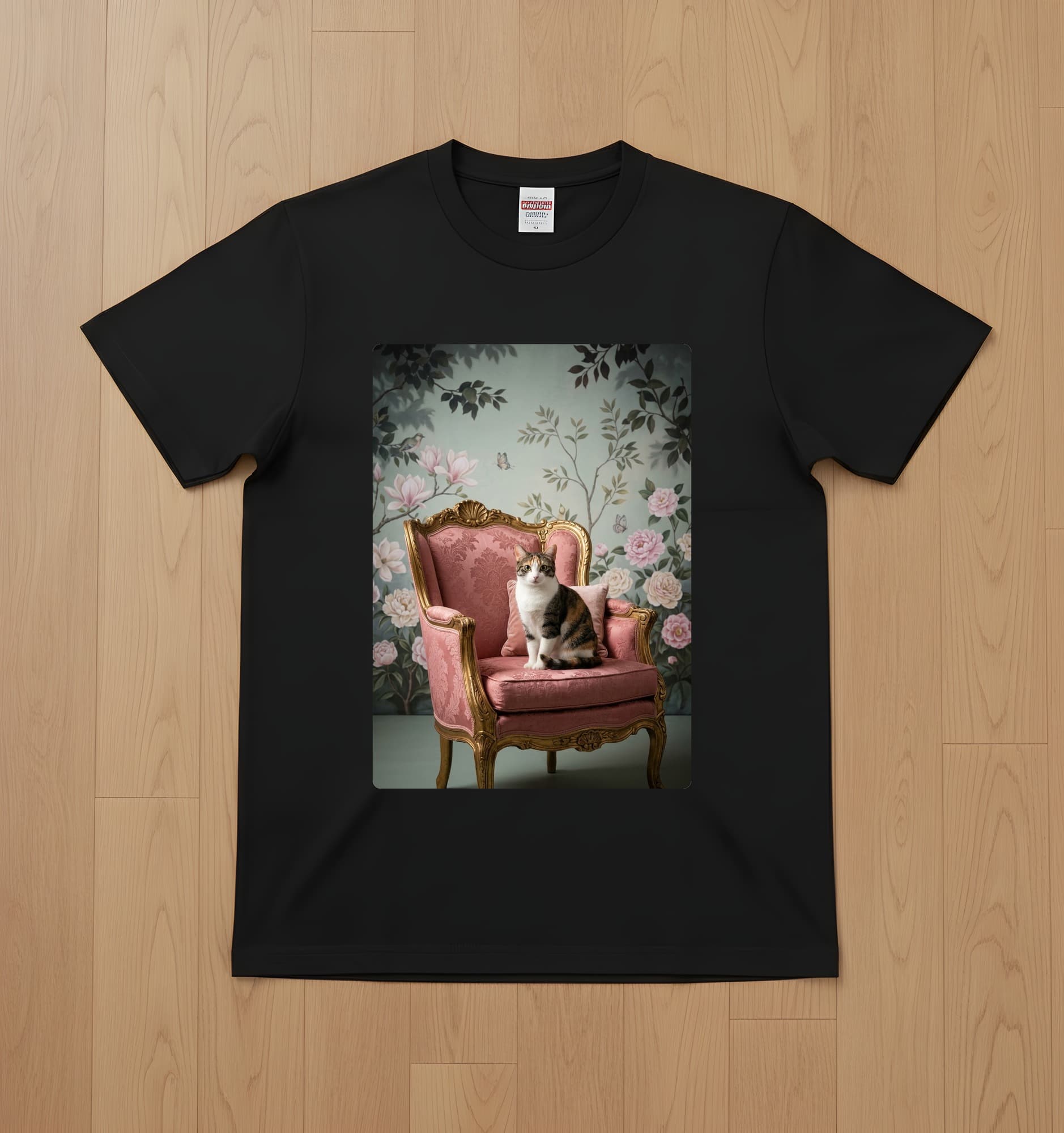 ジャパニーズボブテイルのシャビーピンクの油絵風アートロココ調Tシャツ(ブラック)
