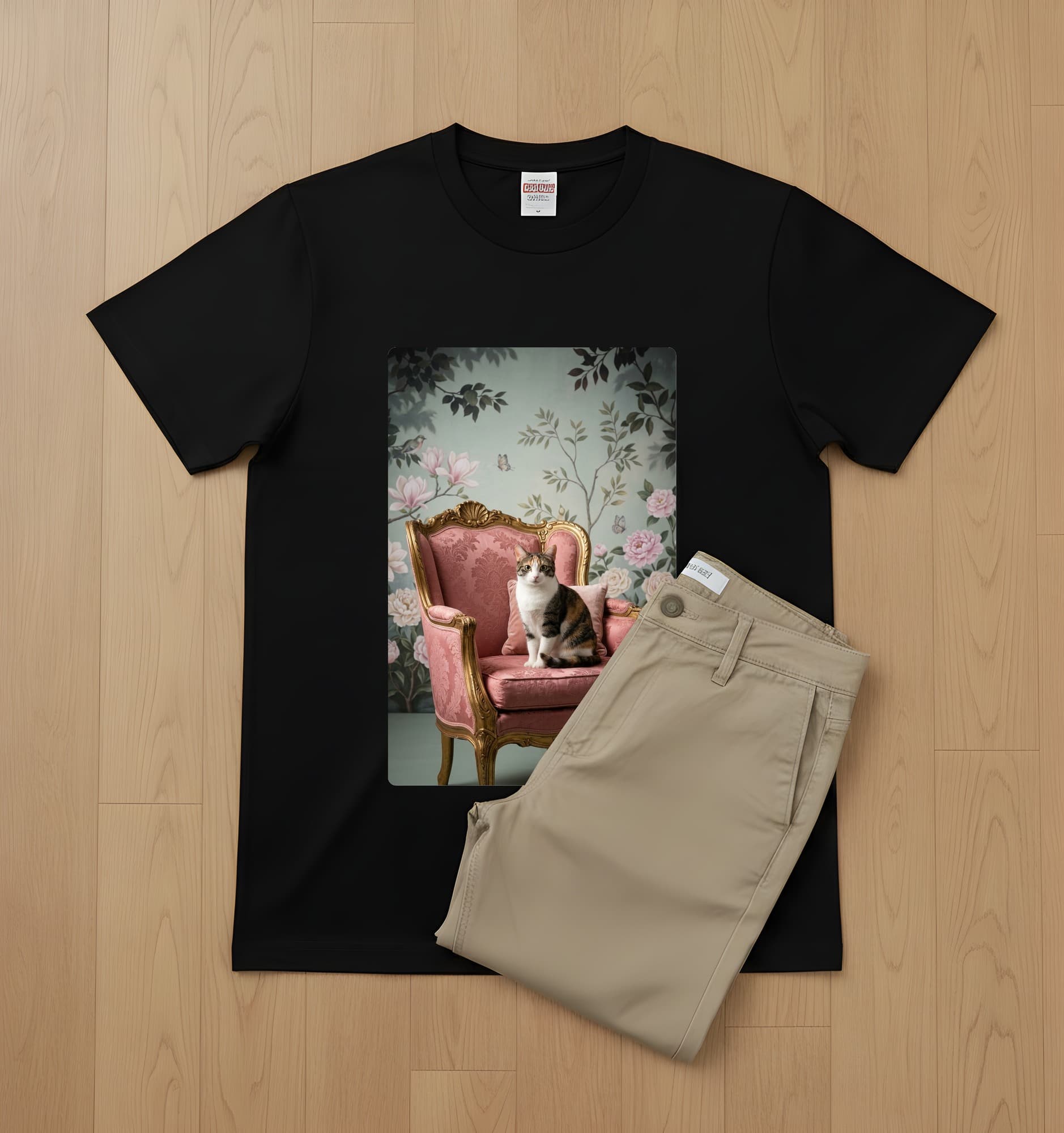 ジャパニーズボブテイルのシャビーピンクの油絵風アートロココ調Tシャツ(ブラック) 2