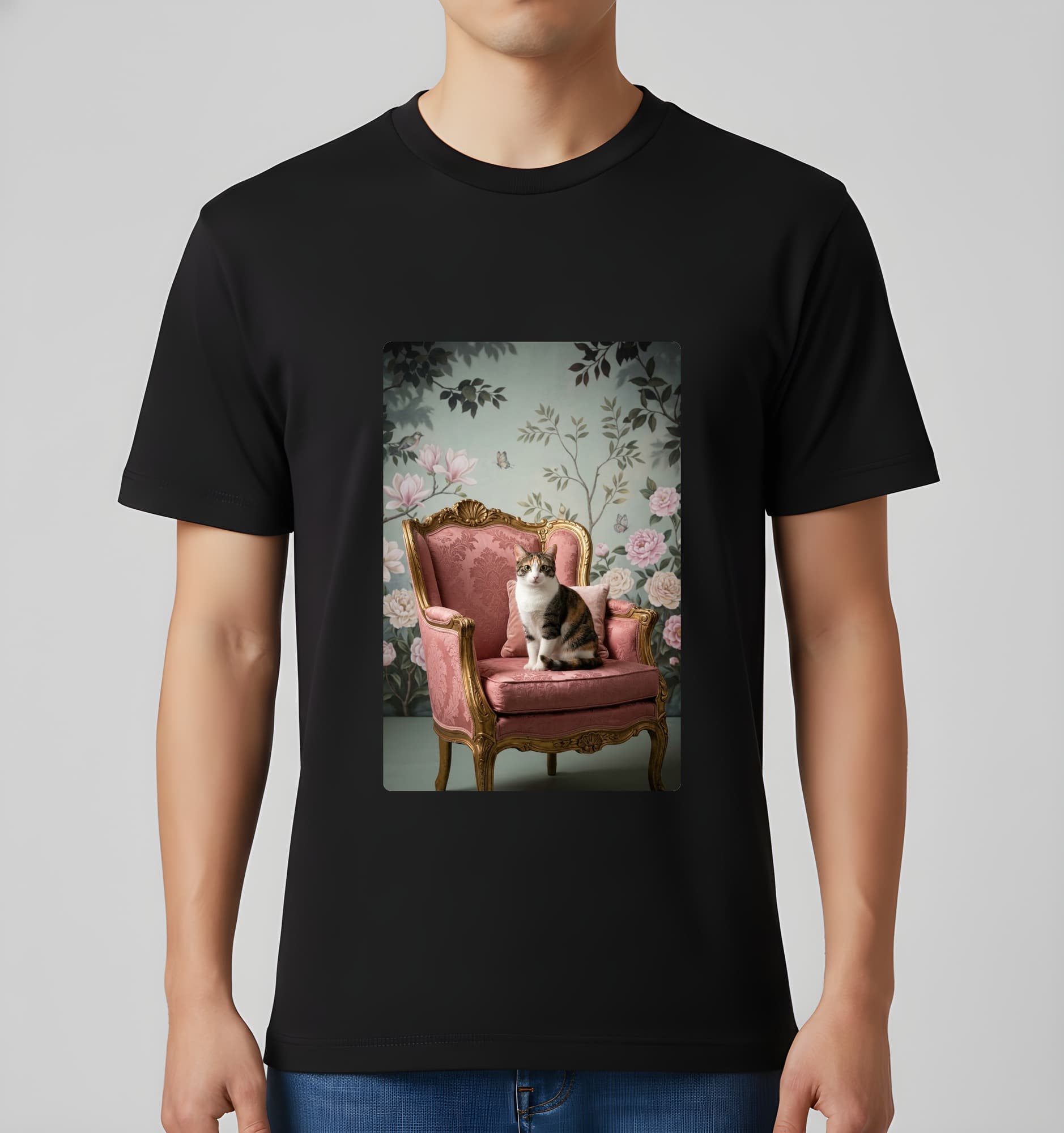 ジャパニーズボブテイルのシャビーピンクの油絵風アートロココ調Tシャツ(ブラック) 3